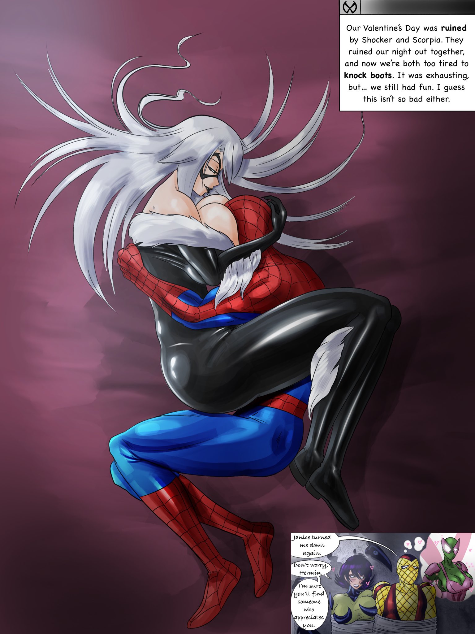 1boy, 1boy1girl, 1girl1boy, 1girls, 2026, alternate version available, athletic, athletic male, bed, beetle (spider-man), big breasts, black cat (marvel), bodysuit, breasts, bursting breasts, closed eyes, color, colored, couple, couple (romantic), couple love, couples, curvaceous, curvaceous body, curvaceous female, curvaceous figure, curvaceous hips, curvy, curvy body, curvy female, curvy figure, curvy hips, elaine coll, face in breasts, felicia hardy, female, happy, happy end, happy ending, hips, hourglass figure, hug, huge breasts, hugging, hugging partner, hugging together, janice lincoln, large breasts, long hair, love, lovers, male, marvel, marvel comics, mask, masked, masked female, masked male, massive breasts, noirsun00, peter parker, pinup, romantic, romantic couple, scorpia (marvel), seductive, seductive look, shiny, shiny breasts, shiny clothes, shiny skin, shocker (marvel), skin tight, sleep, sleeping, sleeping on bed, sleeping together, spider-man, spider-man (series), straight, superhero, superhero couple, superheroine, text, thick, thick breasts, thick hips, thick thighs, tight clothes, tight clothing, valentine's day, valentines day, voluptuous, voluptuous female, webbed, white fur, white hair, wholesome, wholesome end, wide hips