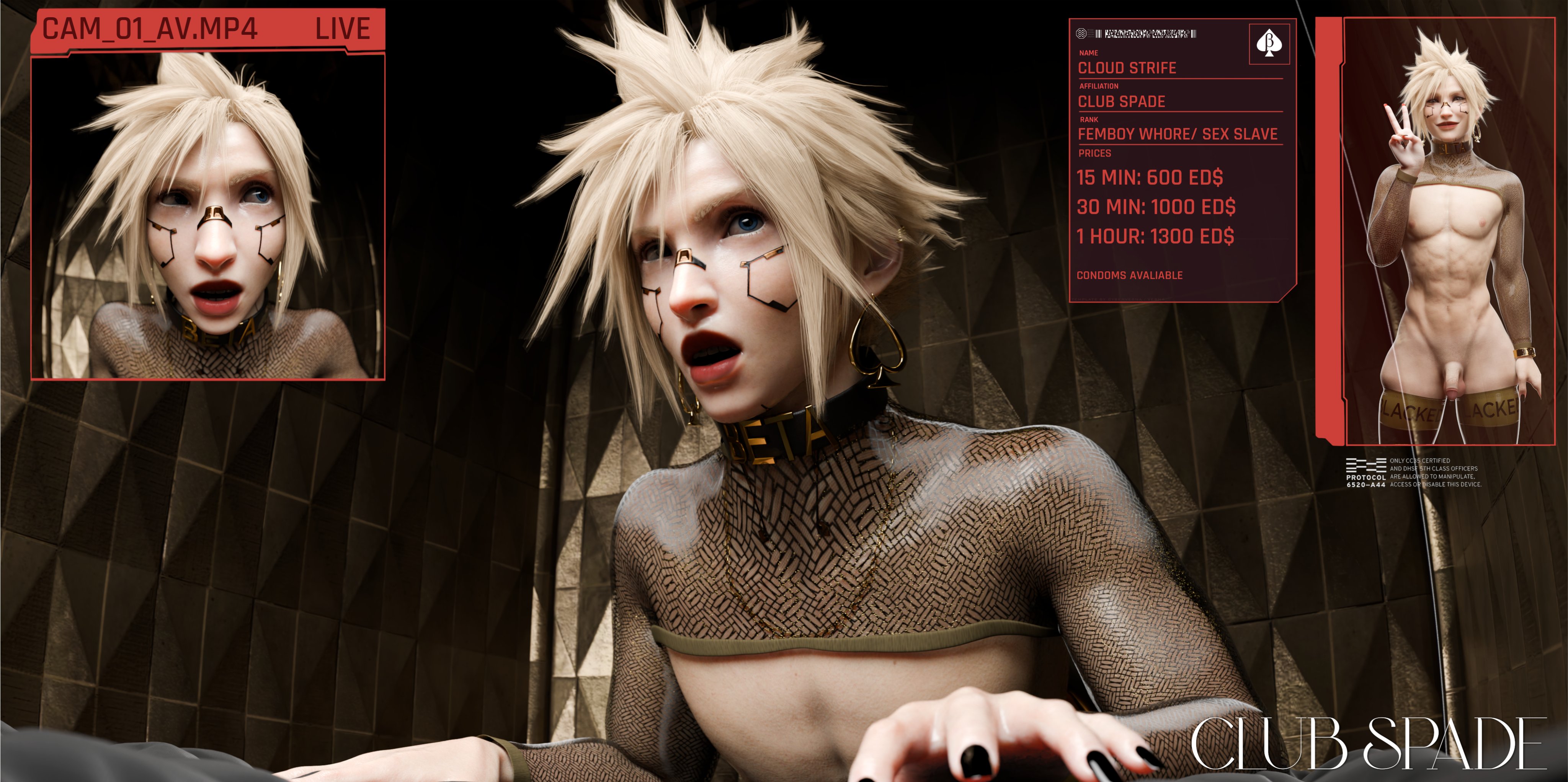 2boys, 3d, blacked, blacked clothing, choker, cloud strife, club spade, cyberpunk, cyberpunk 2077, dark-skinned male, dildo, femboy, final fantasy, final fantasy vii, glory hole, glory wall, male, male only, mesh shirt, qos, qos tattoo, sadocrimson3d, yaoi