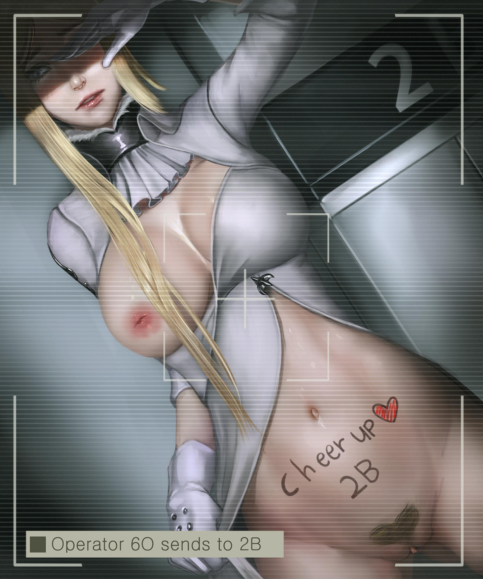 1girls, blonde hair, blush, body writing, bottomless, breasts, english text, female, gloves, high resolution, highres, inverted nipples, limgae, long hair, navel, nier, nier: automata, one breast out, parted lips, pubic hair, solo, text, uncensored, viewfinder, white gloves, yorha commander