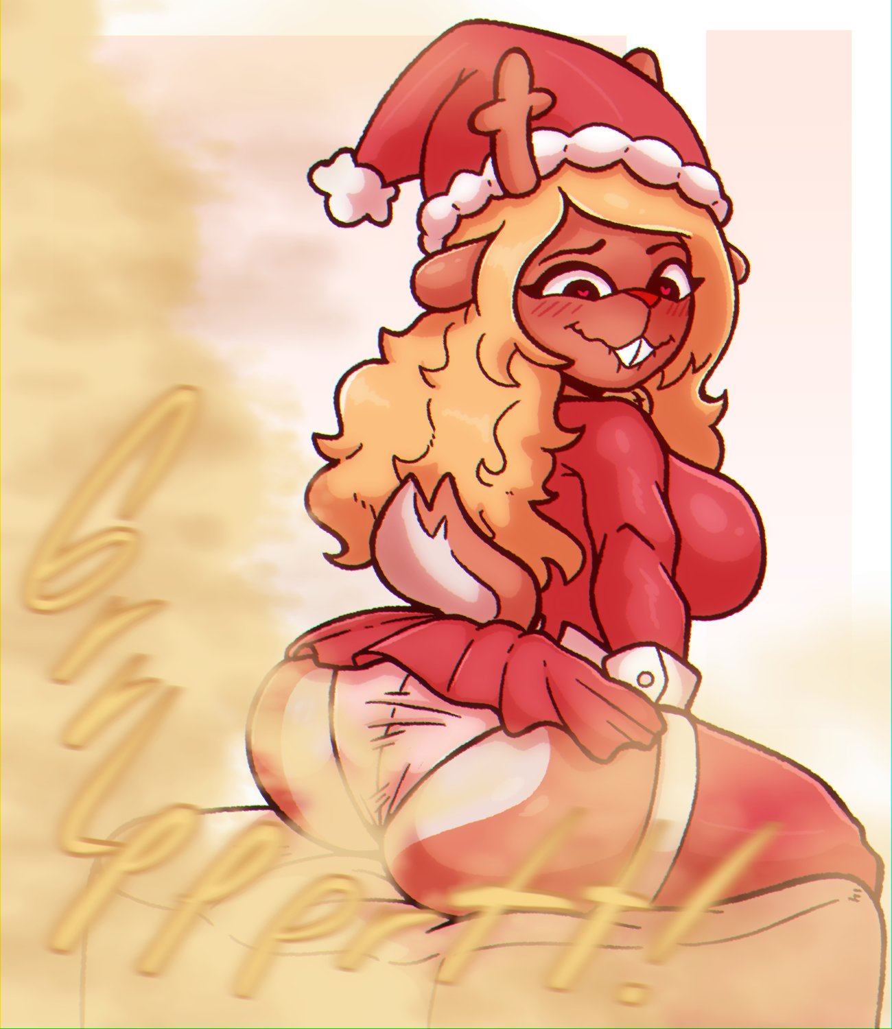 biting own lip, christmas, christmas outfit, fart, fart cloud, fart fetish, heart-shaped pupils, noelle holiday, onomatopoeia, panties, pink panties, rodentialc