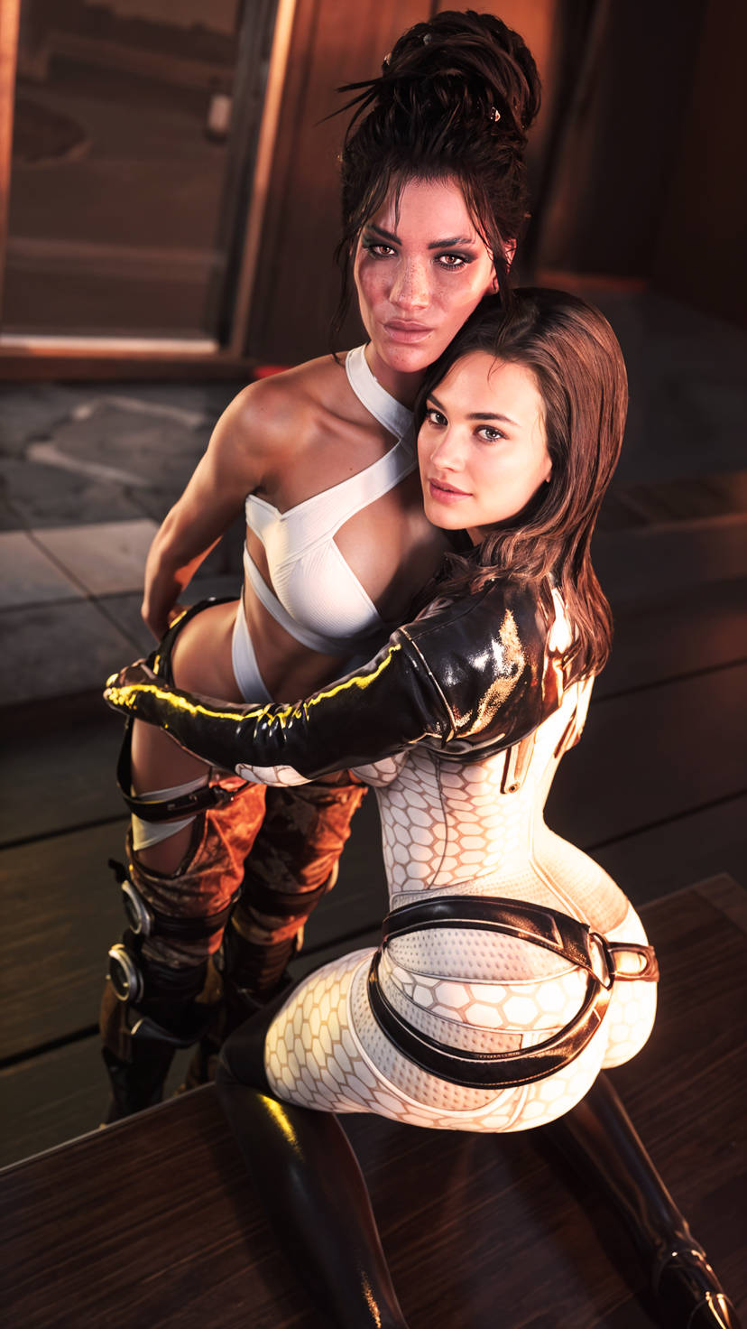 2girls, 3d, bodysuit, crossover, cyberpunk 2077, dark-skinned female, female, female only, interracial, light-skinned female, mass effect, miranda lawson, panam palmer, pinup, red-arnage