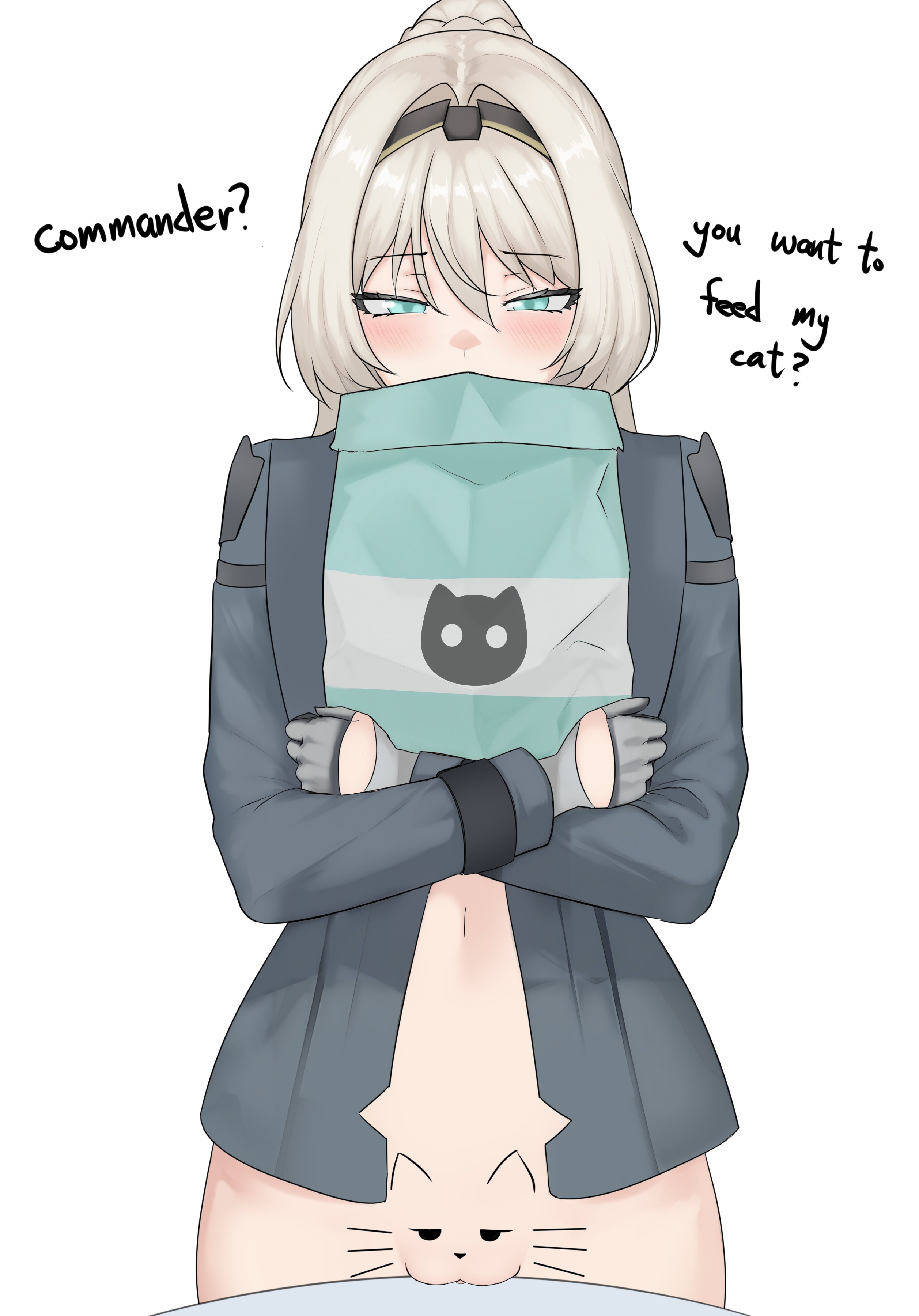1girls, alva (girls' frontline 2), an-94 (girls' frontline), blonde hair, blue eyes, blush, bodypaint, bottomless, cat food, clothing, do you want to pet my cat (meme), english text, feet out of frame, female, female only, girls' frontline, girls' frontline 2: exilium, gloves, godon146, groin, hairband, jacket, long hair, looking at viewer, navel, ponytail, pussy, shy, standing, text