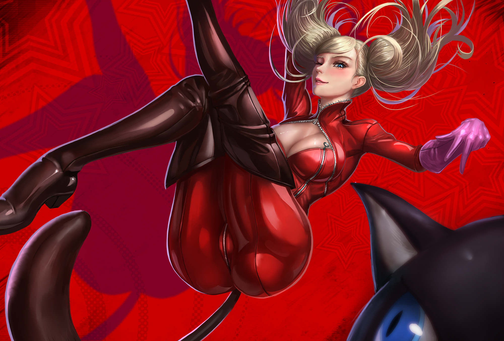 1girls, ann takamaki, atlus, blonde hair, blue eyes, bodysuit, boots, breasts, female, gloves, heels, high resolution, highres, human, light skin, limgae, long hair, megami tensei, pale skin, pasties, persona, persona 5, phantom thief suit, pink gloves, sega, shiny, shiny clothes, shiny skin, tail, thigh boots, thighhighs, tied hair, twintails, zipper pull tab