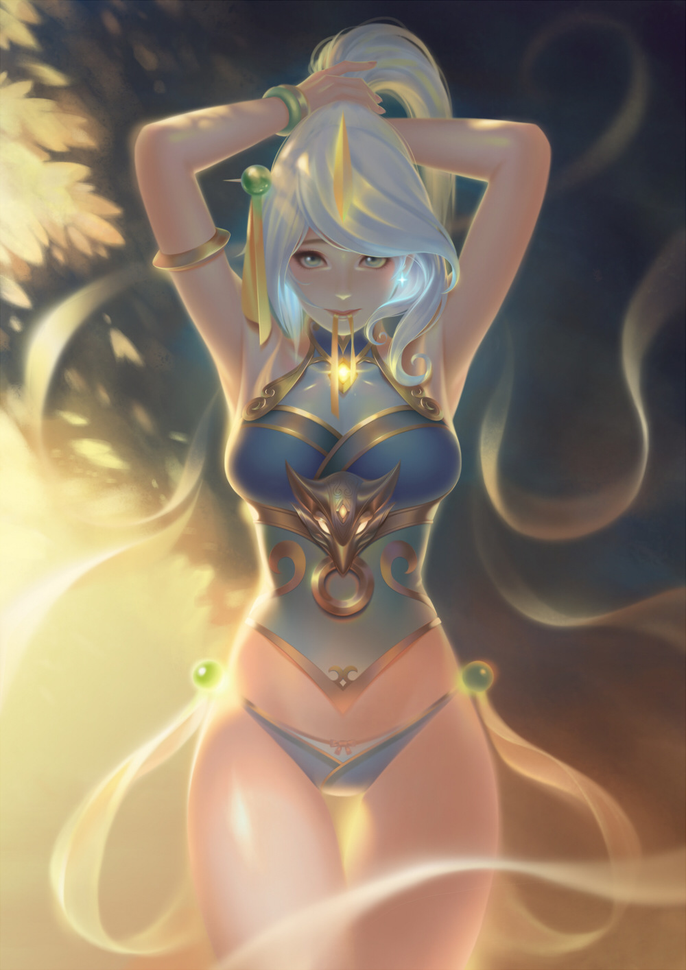 armpits bow_panties cute female league_of_legends louis_hung lunar_empress_lux luxanna_crownguard panties pantyshot solo thighs underwear white_hair