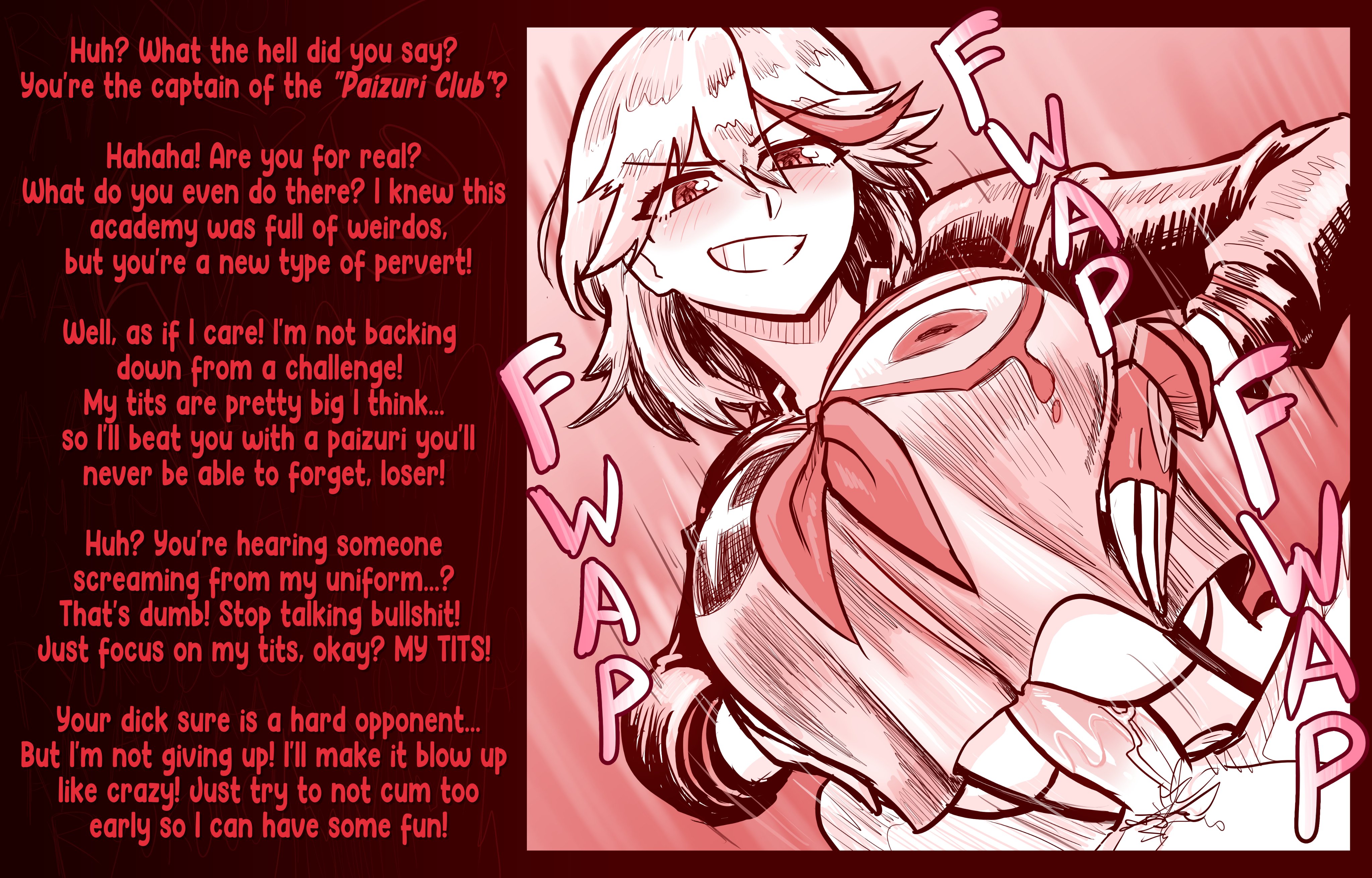 1boy, 1girls, black hair, clothed paizuri, huge breasts, kill la kill, large breasts, large tits, matoi ryuuko, paizuri, senketsu, smile, teeth, text, titjob, titjob under clothes, tomboy, vkid