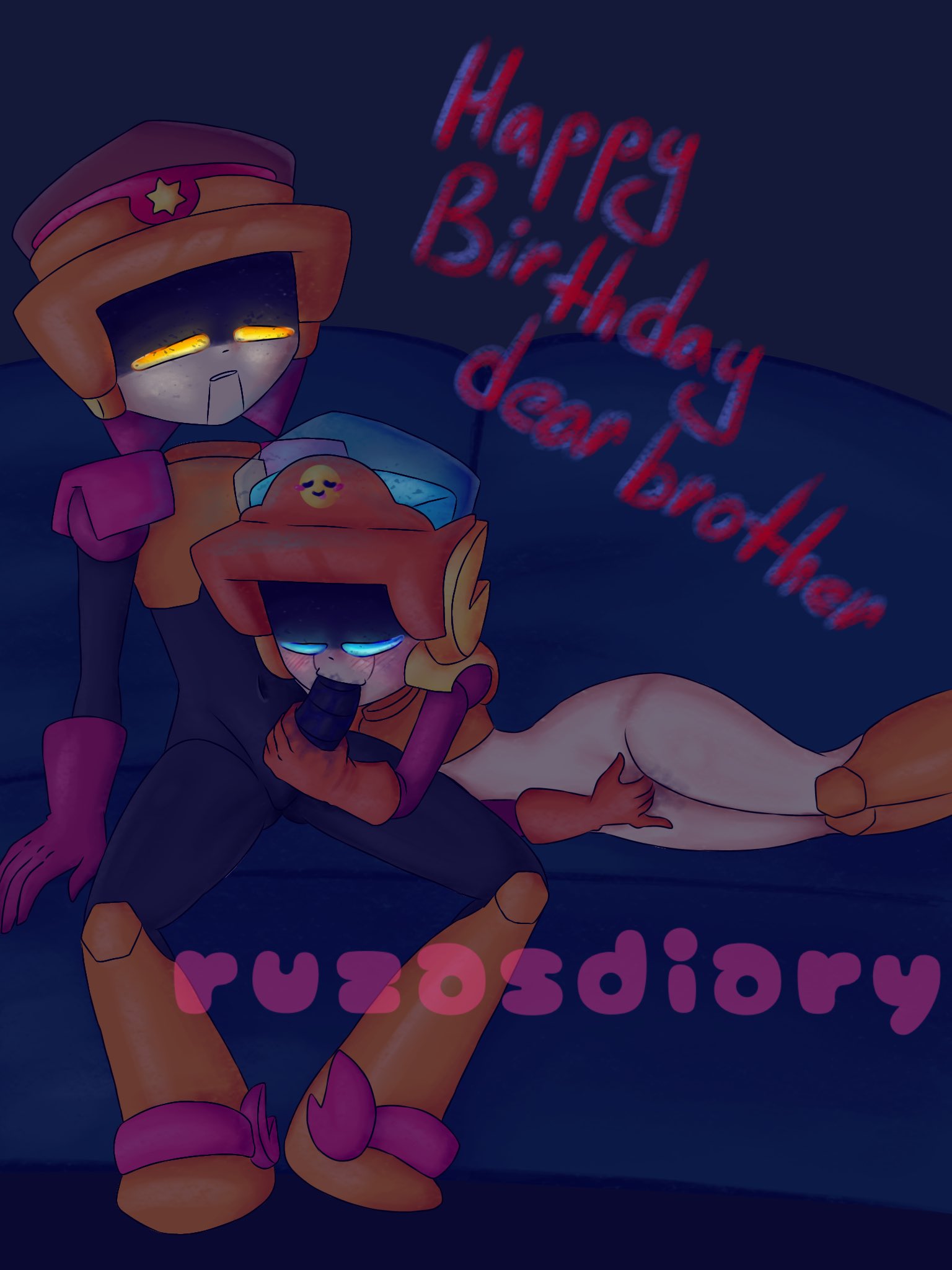birthday, blowjob, brawl stars, fingering self, in the dark, incest, larry (brawl stars), lawrie (brawl stars), ruz4sd1ary (artist), somnophilia, sucking cock, sucking penis, twincest
