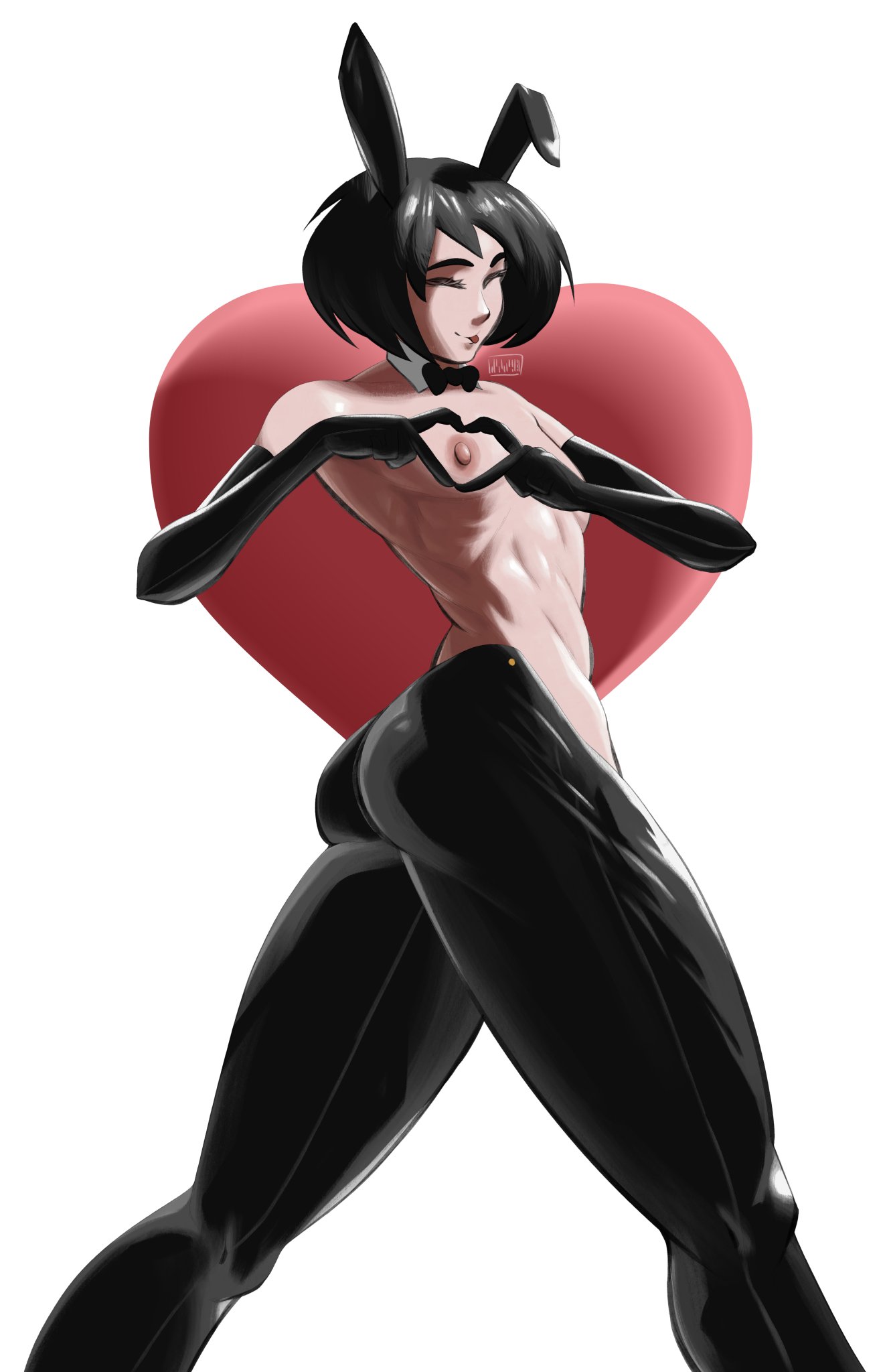 1girls, areola, areolae, black hair, blep, bowtie, bunny ears, fake animal ears, female, female only, flat chest, flat chested, heart, heart hands, light-skinned female, looking at viewer, nipples, practically nude, reverse bunnysuit, reverse outfit, sangsangatsange, small breasts, solo, solo female, tagme, tongue out, twitter link, useless clothing