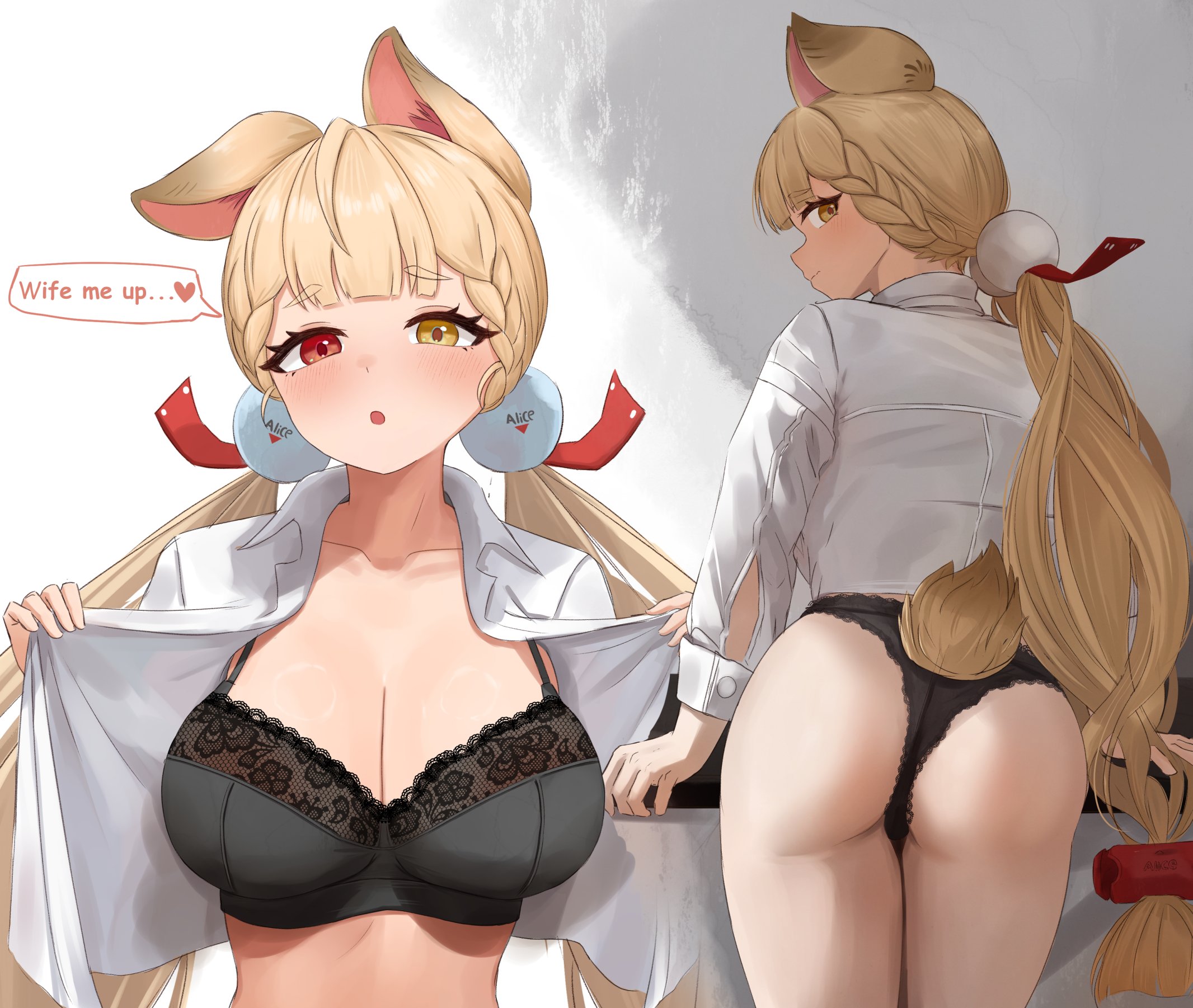 :o, alice thymefield, animal ears, ass, black bra, black panties, blonde hair, bra, breasts, cleavage, commentary, english commentary, english text, female, from behind, heterochromia, highres, large breasts, long hair, looking at viewer, mockingeu, multiple views, panties, rabbit ears, rabbit girl, rabbit tail, red eyes, shirt, speech bubble, tail, thighs, underwear, very long hair, white shirt, yellow eyes, zenless zone zero