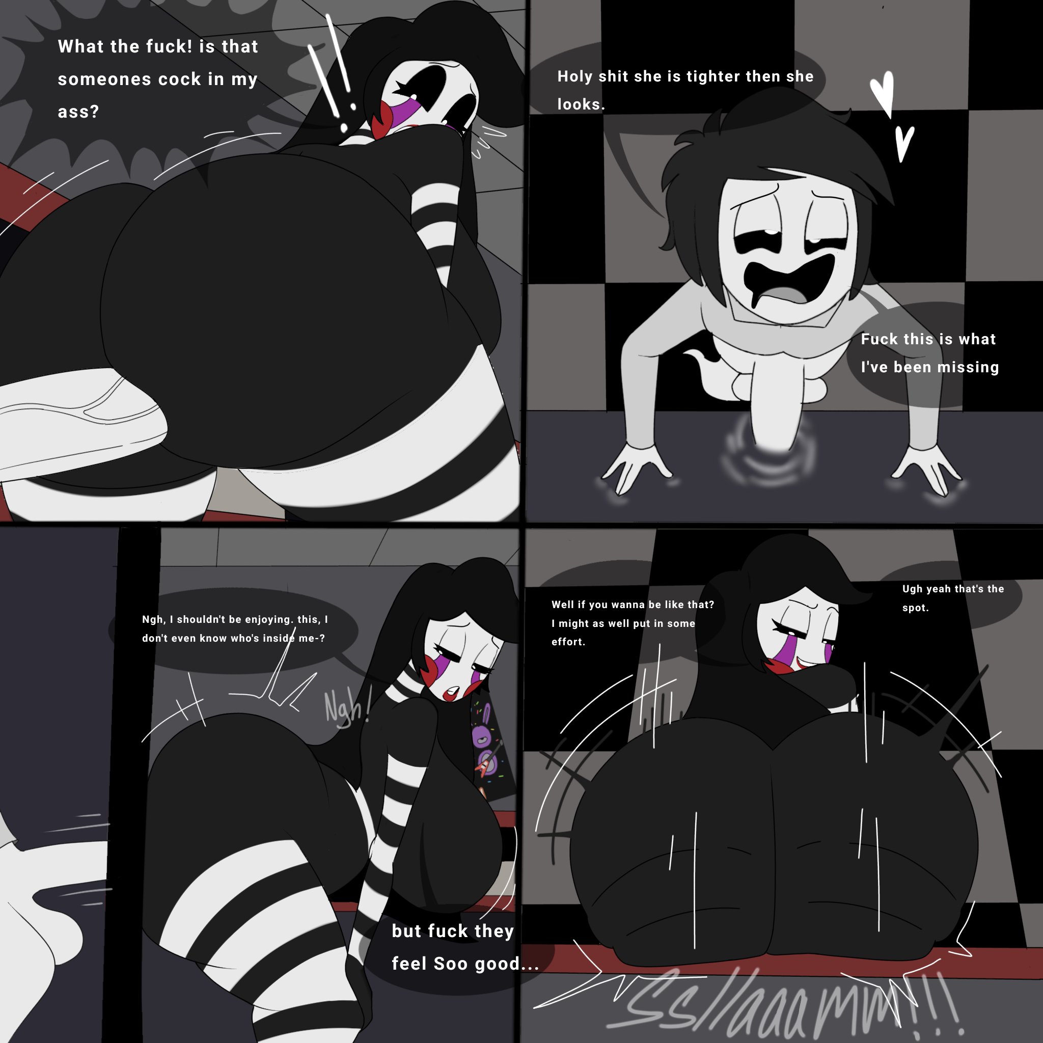 1boy, 1girls, big ass, big breasts, big butt, big thighs, black hair, black sclera, comic, commission, dialog, dialogue, english, english text, five nights at freddy's, ghost, ghost sex, japansadface, lipstick, long hair, marionette (fnaf), older female, page 2, puppet (fnaf), rosy cheeks, straight, tagme, taller female, vaginal penetration, white pupils, young, younger male