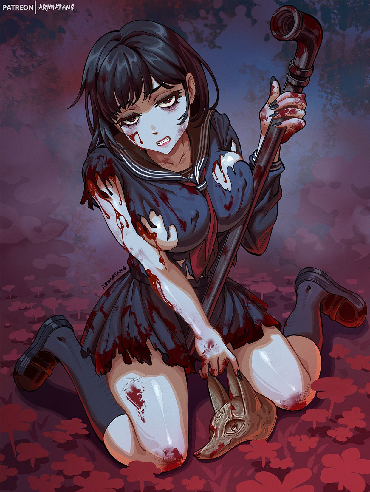 1girls, arimatang, big breasts, big thighs, blood, blood stain, breasts, breasts bigger than head, breasts out, clothing, female, female only, gore, high quality, high resolution, highres, hinako shimizu, huge breasts, human, jimiko, large breasts, lead pipe, nipple bulge, nipple outline, nipples, nipples visible through clothing, pale skin, pinup, pipe, ripped clothing, silent hill, silent hill f, thick legs, thick thighs, thunder thighs, thunderthighs, tits bigger than head, tits out, torn clothes, torn clothing, weapon, wide hips, wide thighs