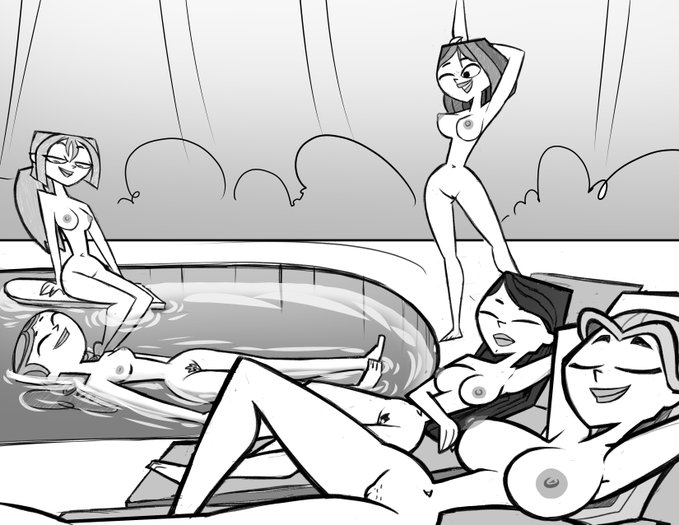 5girls, big breasts, breasts, bridgette (tdi), courtney (tdi), female, female only, floating, greyscale, heather (tdi), human, human only, inkershike, innie pussy, izzy (tdi), lindsay (tdi), long hair, monochrome, multiple females, multiple girls, navel, nipples, nude, outdoors, ponytail, pool, pussy, short hair, total drama island, water