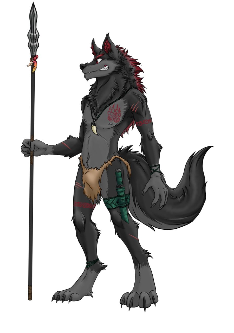 4_toes 5_fingers anthro balls barely_visible_balls barely_visible_genitalia black_claws black_nose bulge canid canine canis claws clothing fingers full-length_portrait fur fur_tuft grey_body grey_fur grey_tail hi_res holding_spear inner_ear_fluff kithawking leg_tuft loincloth male male_only mammal portrait simple_background solo toe_claws toes tuft two_tone_tail white_background wolf