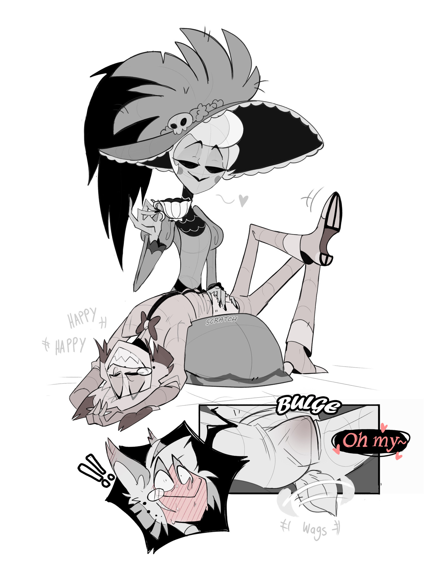 1boy, 1girls, alastor (hazbin hotel), animal ears, animal tail, belly rub, black eyes, blush, blushing, clothed, craxkers, english, english text, erect nipples, erection under clothes, femdom, hat, hazbin hotel, heart, laying on back, laying on lap, monochrome, monocle, rosie (hazbin hotel), rubbing belly, sharp teeth, short hair, simple background, tail, wagging tail, white background