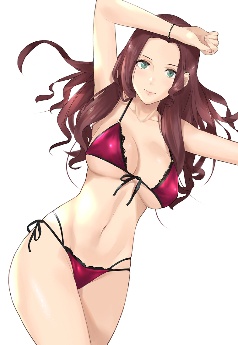 1girls, alternate costume, armband, big breasts, bikini, breasts, brown hair, dorothea arnault, female, fire emblem, fire emblem: three houses, green eyes, j@ck, long hair, looking at viewer, post-timeskip, red bikini, red swimsuit, sideboob, smile, solo female, swimsuit, white background