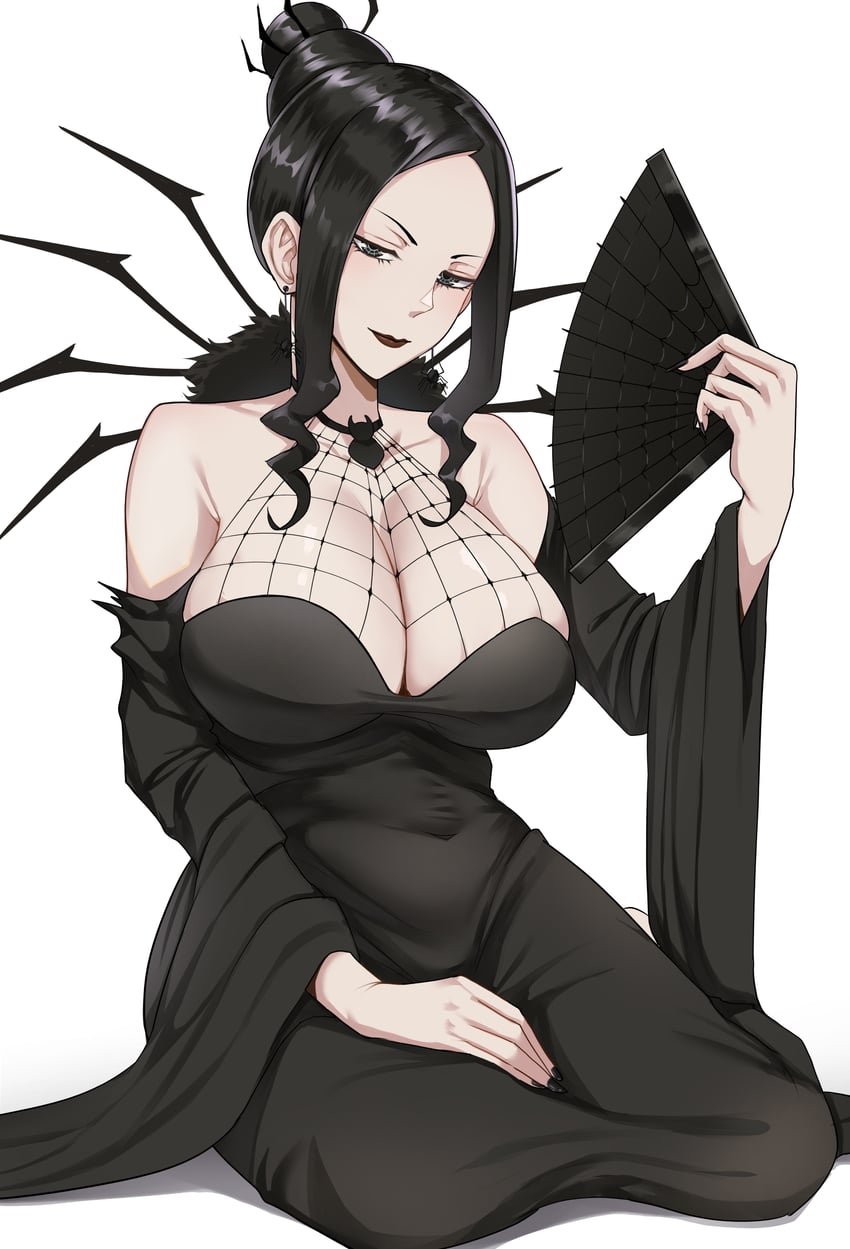 1girls, 2026, 2d, 2d (artwork), absurdres, arachne gorgon, arthropod girl, black dress, black eyes, black hair, black lips, black nails, black sleeves, breasts, cleavage, closed mouth, collarbone, commentary, commission, covered navel, detached sleeves, dress, earrings, fan, female, female only, fingernails, folding fan, hair bun, hand fan, hand on own thigh, hand up, highres, holding, holding fan, jewelry, kneeling, large breasts, lipstick, long sleeves, looking at viewer, makeup, mature, mature female, mchiefy, milf, nail polish, pale skin, pale-skinned female, paper fan, pixiv commission, questionable, sidelocks, simple background, sitting, sleeveless, sleeveless dress, solo, solo female, soul eater, spider earrings, spider girl, villainess, white background, witch, yokozuwari