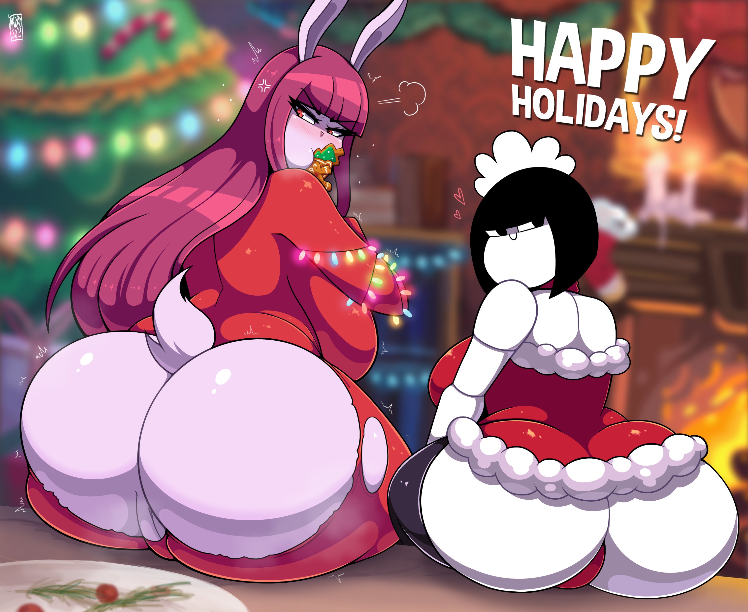2girls, androjuniarto, anthro, ass, ass focus, backboob, big ass, breasts, christmas, christmas lights, christmas outfit, christmas tree, female, holidays, huge ass, huge breasts, luna bunn, lunarian (androjuniarto), maidbot (androjuniarto), mob face, presenting hindquarters, ripped clothing