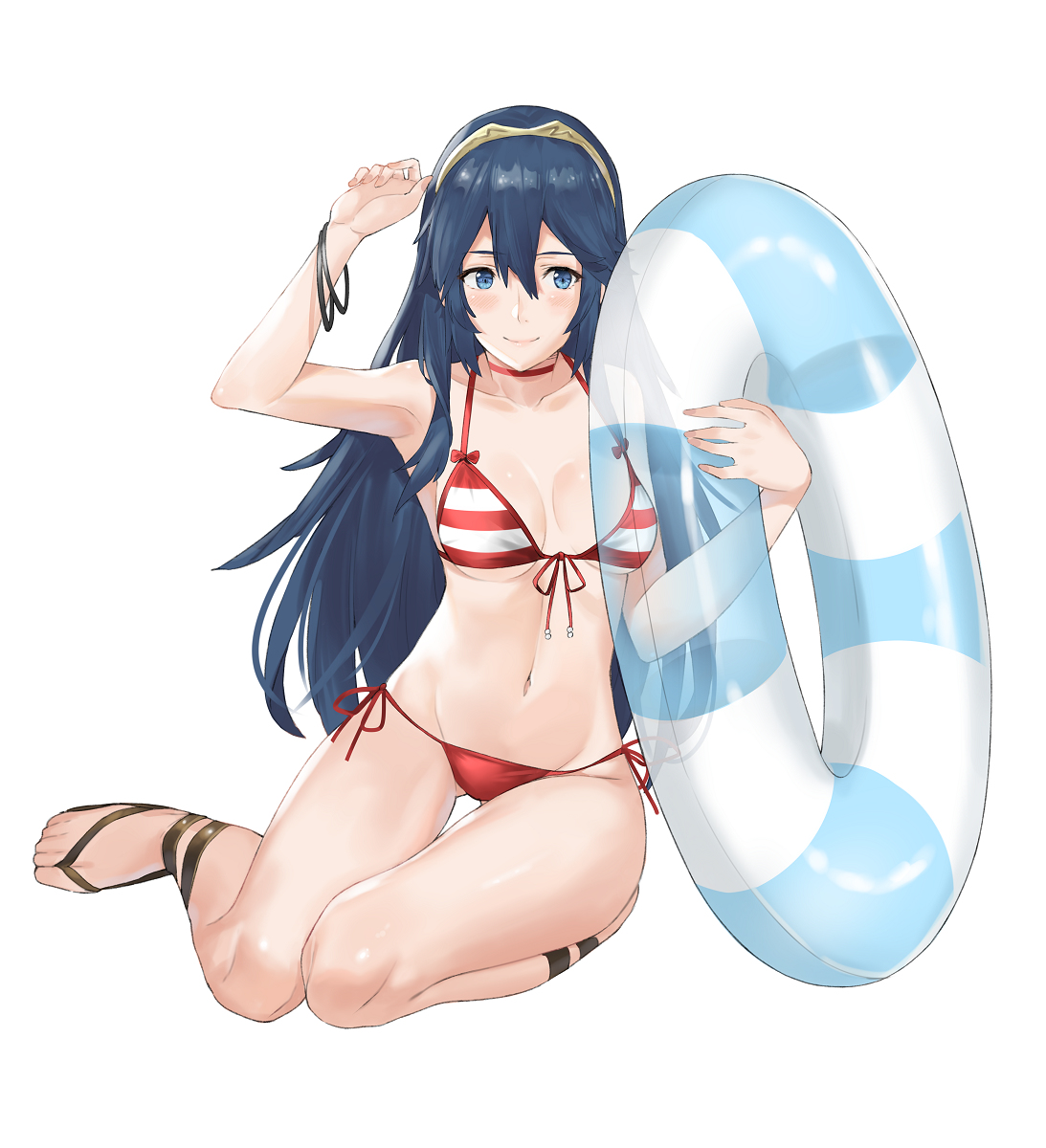 1girls, alluring, armbands, bikini, breasts, crown, female, fire emblem, fire emblem awakening, j@ck, kneeling, lucina (fire emblem), medium breasts, sandals, solo female, swim ring, swimsuit, white background