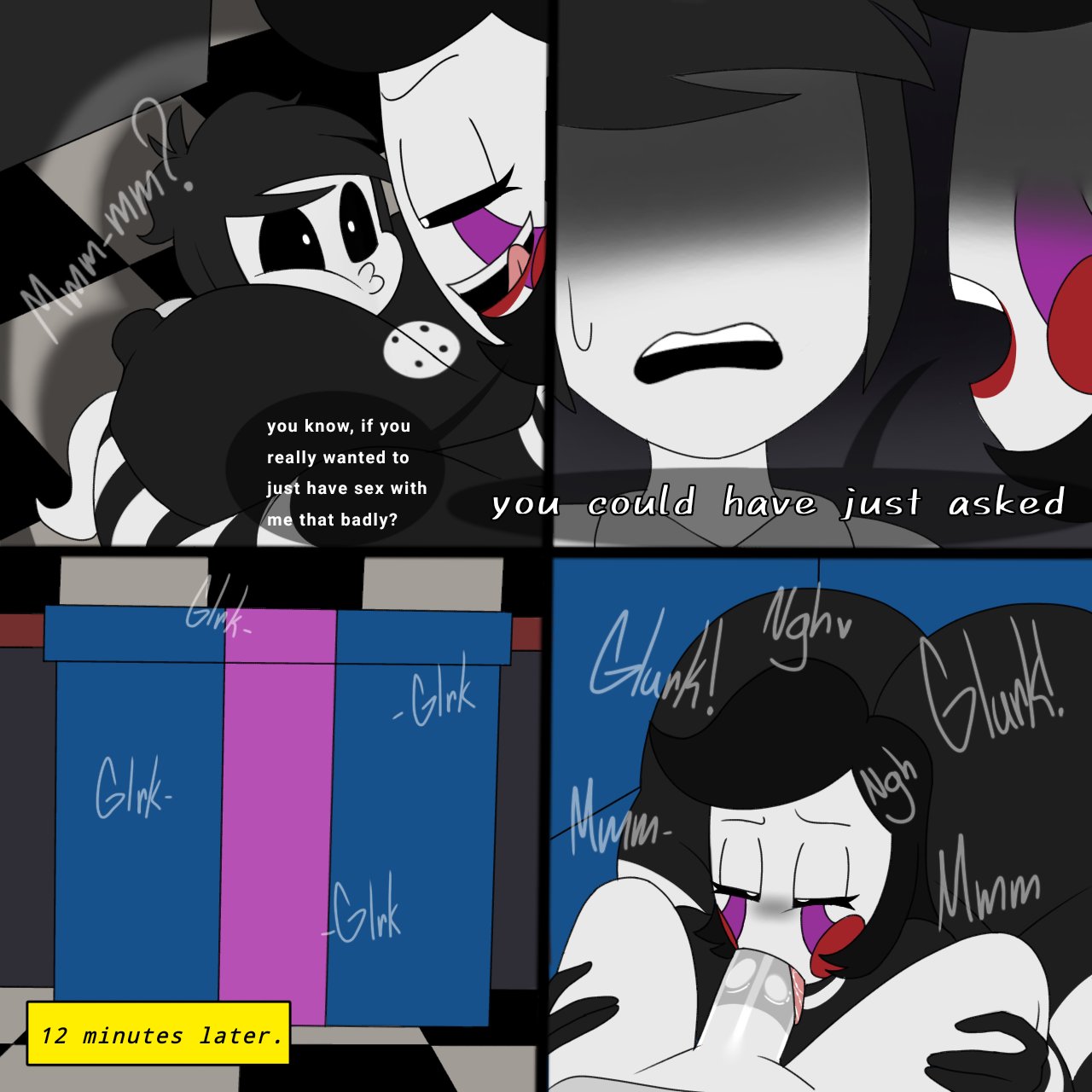 1boy, 1girls, big ass, big breasts, big butt, big thighs, black hair, black sclera, blowjob, box, comic, comic page, commission, dialog, dialogue, english, english text, face between breasts, five nights at freddy's, ghost, gift box, japansadface, lipstick, long hair, marionette (fnaf), older female, page 5, puppet (fnaf), straight, tagme, taller female, time skip, tounge, white pupils, young, younger male