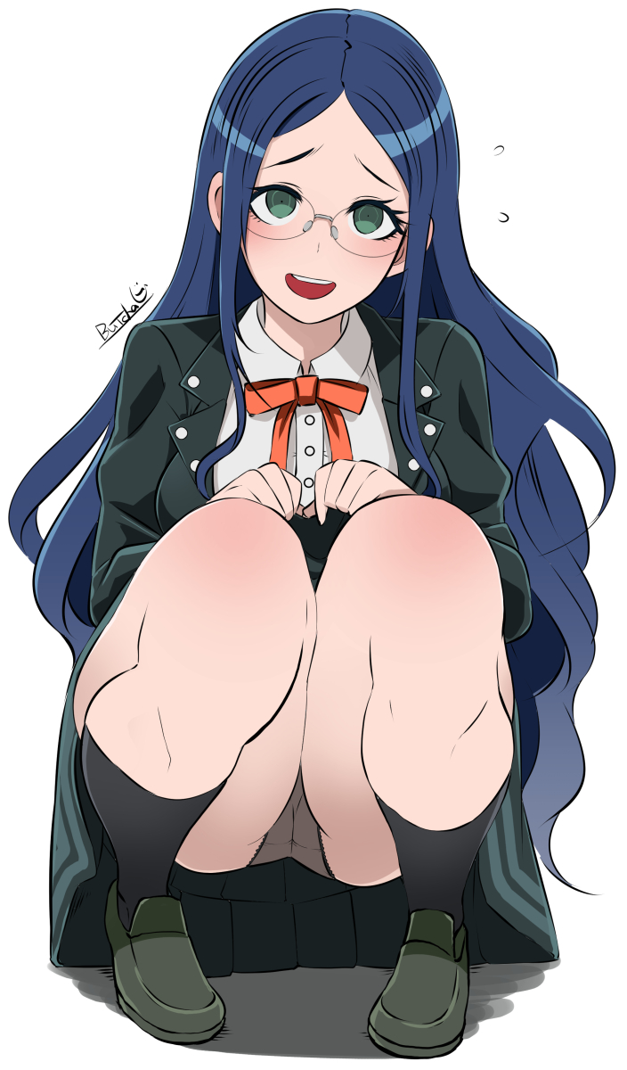 1girls, black panties, blue hair, butcha-u, danganronpa, female, glasses, panties, pantyshot, shirogane tsumugi, smooth skin, squatting, upskirt