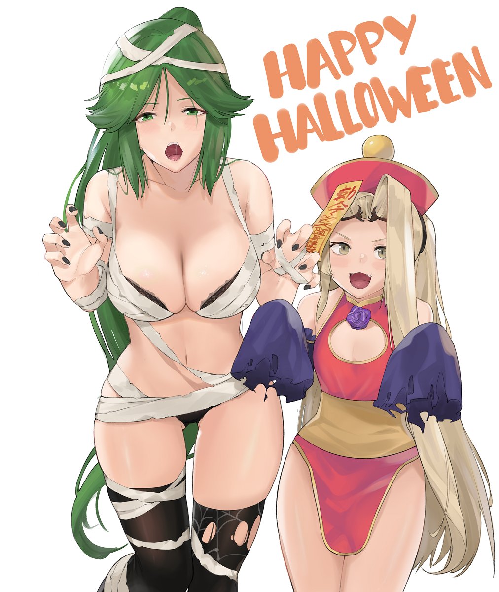 2girls green_eyes green_hair halloween halloween_costume j@ck kid_icarus mummy_costume nintendo palutena saliva skimpy_clothes viridi