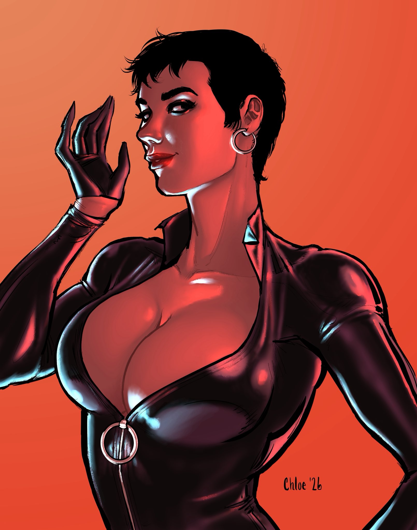 1girls, batman (series), black catsuit, black gloves, black hair, catsuit, catwoman, chloe brailsford, cleavage, dc comics, hoop earrings, lips, looking at viewer, red lips, selina kyle, short hair, simple background, smile, solo, upper body