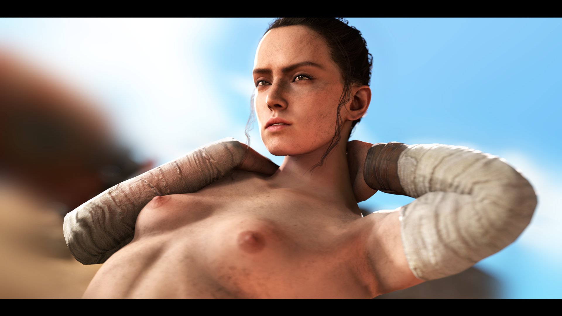 1girls, 3d, areolae, armpits, breasts, daisy ridley, desert, female, female only, greatm8, nipples, outdoors, rey, solo, source filmmaker, star wars, the force awakens