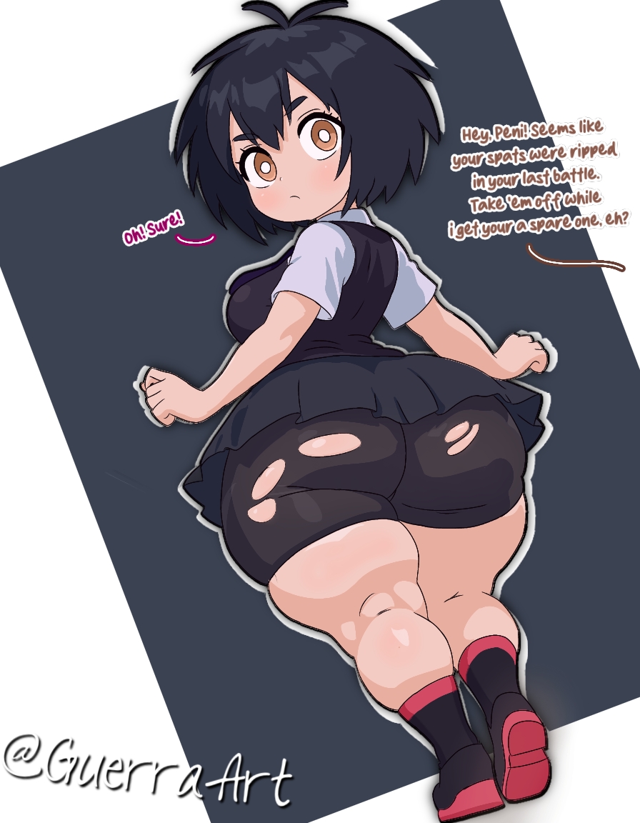 1girls, ass, big ass, big butt, bike shorts, black hair, english, english text, guerraart, huge ass, large ass, marvel, orange eyes, peni parker, school uniform, schoolgirl, schoolgirl uniform, short hair, short skirt, skirt, solo, solo female, solo focus, spider-man (series), spider-man: into the spider-verse, spider-verse, text, thick, thick ass, thick thighs, thighs, torn shorts, wide hips