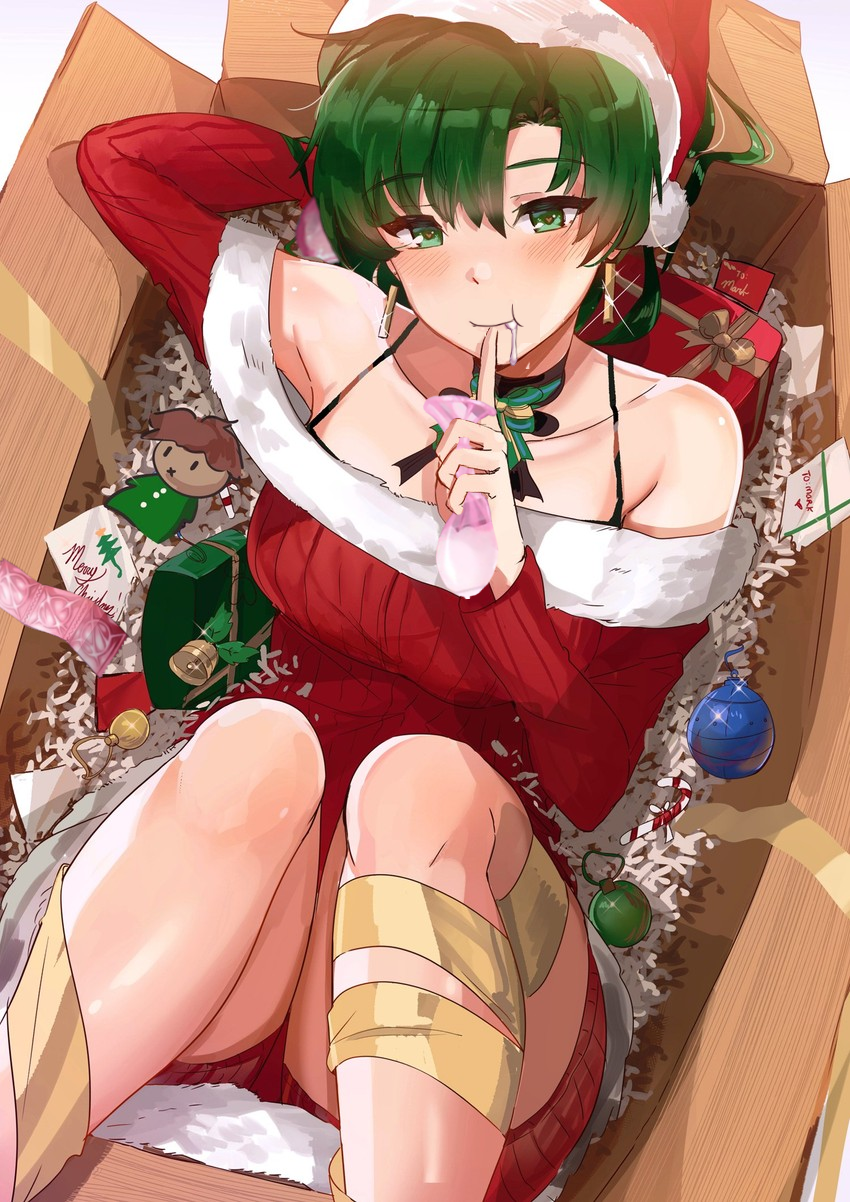 1girls christmas christmas_decorations christmas_hat christmas_outfit christmas_present condom cum cum_in_mouth drinking_from_condom edit female_only fire_emblem fire_emblem:_the_blazing_blade green_eyes green_hair looking_at_viewer lyn_(fire_emblem) lyndis_(fire_emblem) ormille