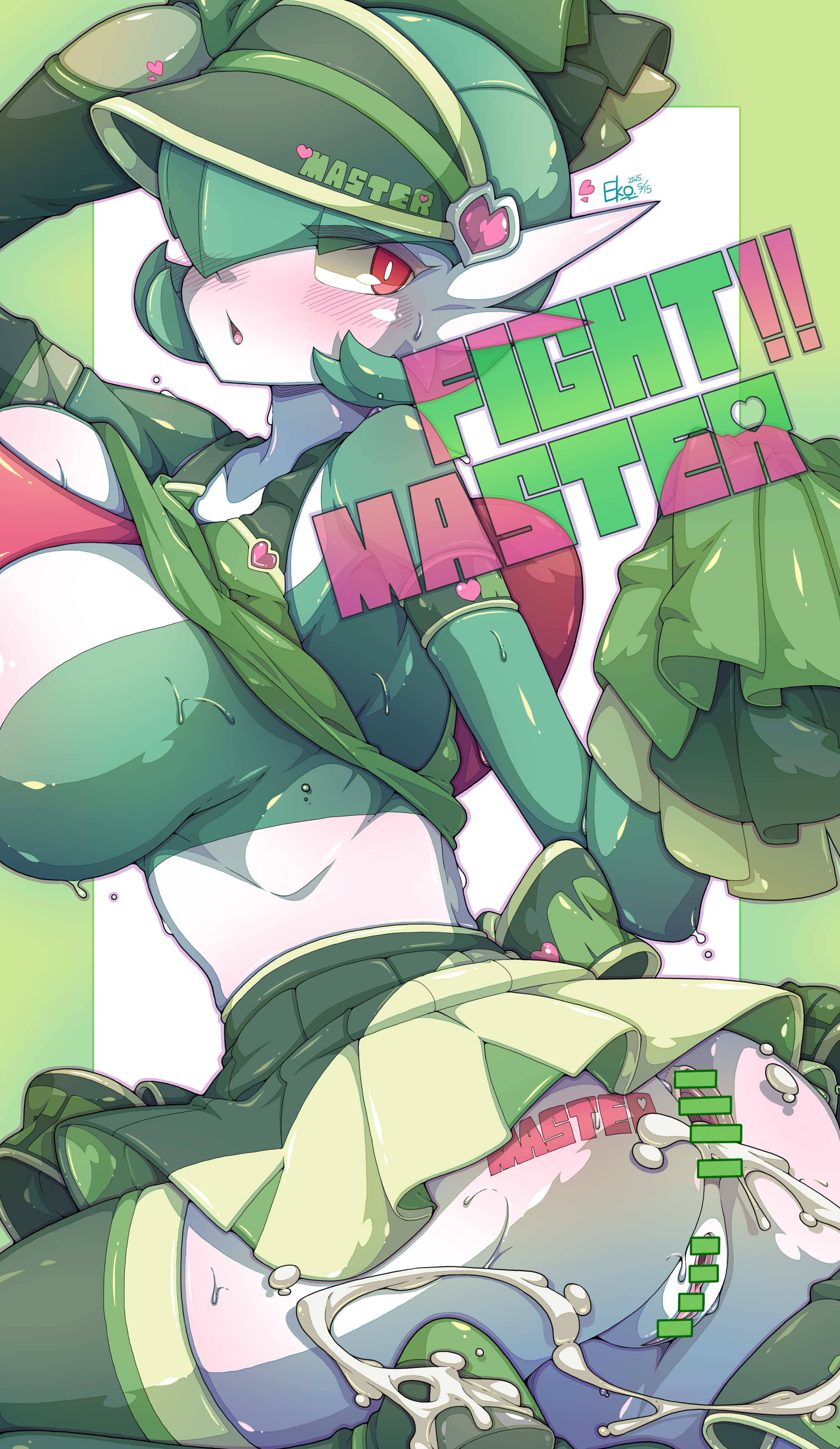 absurdres, anus, ass tattoo, bar censor, blush, breasts, censored, cheerleader, commentary, cum, cum on ass, cum on body, eko. (yzcheneko), english commentary, female, gaping, gardevoir, green hair, green skirt, highres, large breasts, pleated skirt, pokemon, pokemon (creature), pokemon only, red eyes, sex toy, skirt, solo, sweat, tattoo, thighhighs