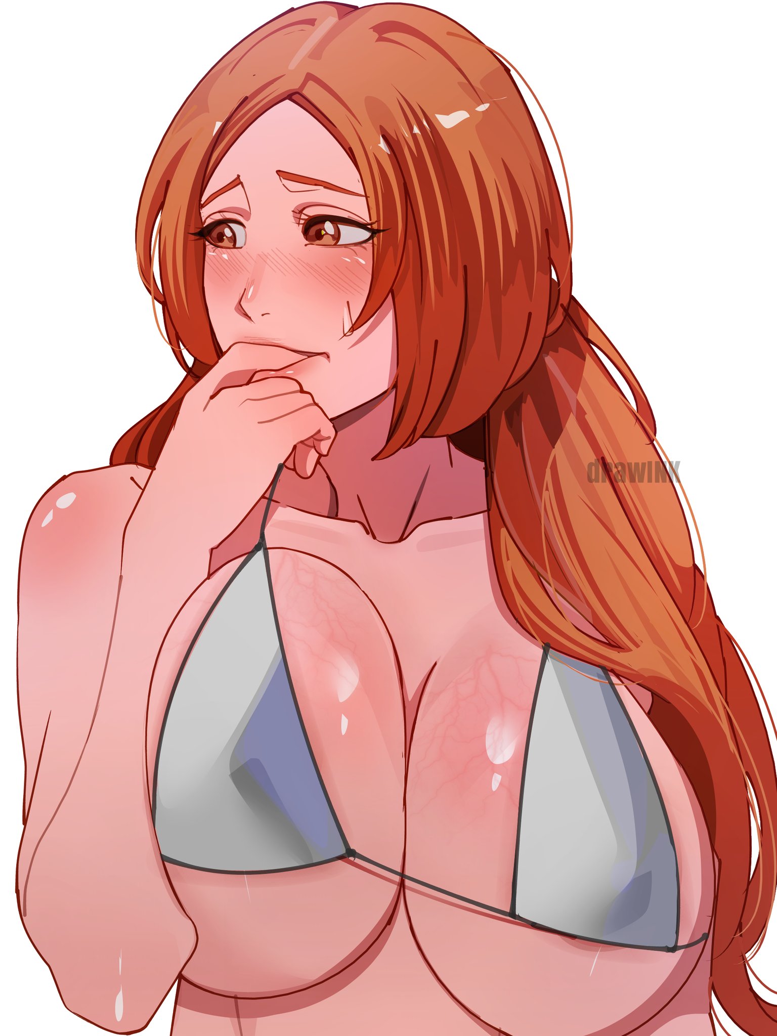 1girl, artist name, bare shoulders, big breasts, bikini, bikini top only, bleach, breast focus, breasts, brown eyes, collarbone, commission, drawink, female focus, finger in own mouth, huge breasts, inoue orihime, large breasts, long hair, orange hair, shiny skin, simple background, solo, upper body, white background