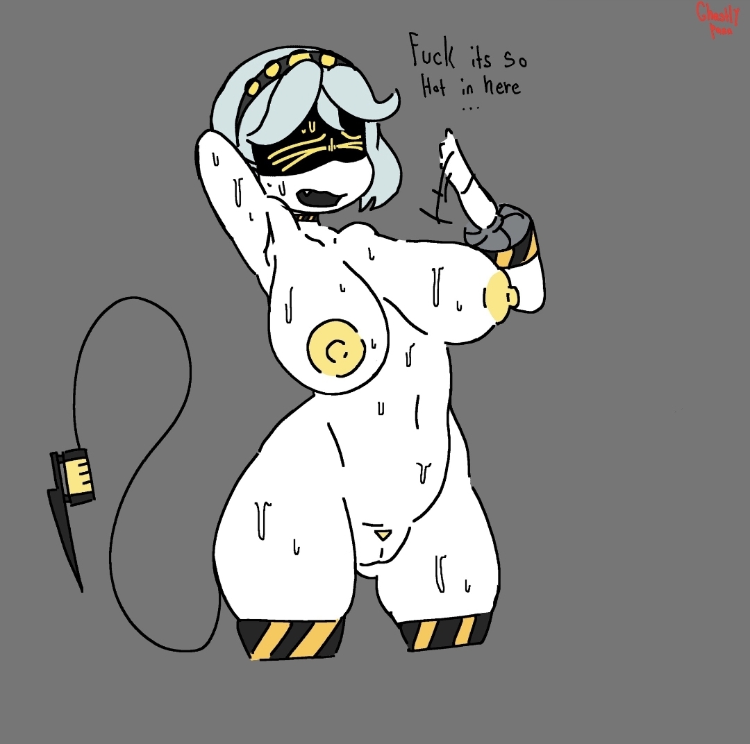 armpit crease, armpits, arms up, big ass, big breasts, big butt, big thighs, caution tape, disassembly drone, female, female only, ghastlypann, murder drones, naked, naked female, speech bubble, sweat, sweatdrop, sweaty body, thick ass, thick thighs, v (murder drones), words, yellow areola, yellow nipples