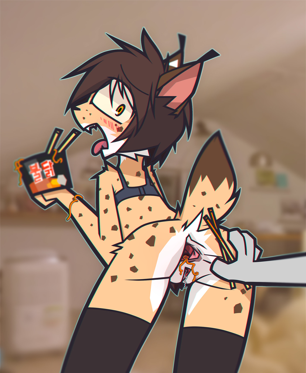 2019 anus bottomless bra brown_hair chopsticks clothed clothing disembodied_hand felid feline female food hair hi_res legwear looking_back mammal noodles pussy solo_focus spreading thigh_highs tongue underwear yellow_eyes yukihyo