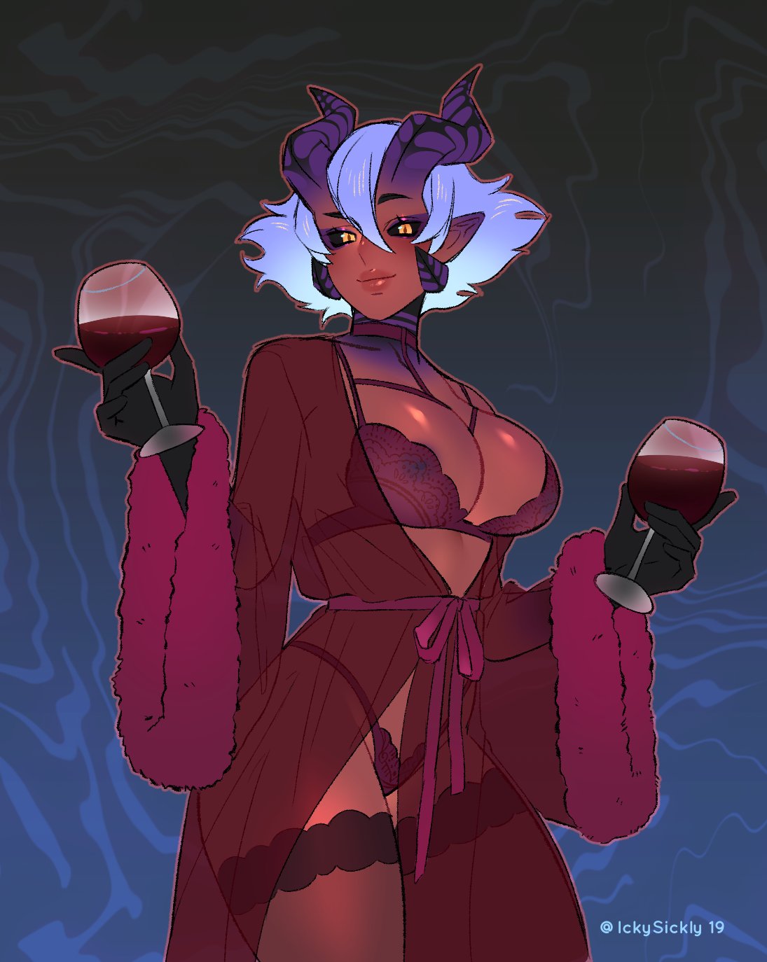 1girls, blue background, bra, breasts, choker, demon, elf ears, female, female only, horns, ickysickly, lingerie, looking at viewer, medium breasts, panties, pointy ears, purple horn, purple horns, purple skin, red clothes, red clothing, red skin, scarlette (ickysickly), see-through, see-through clothing, watermark, white hair, wine, wine glass, yellow eyes