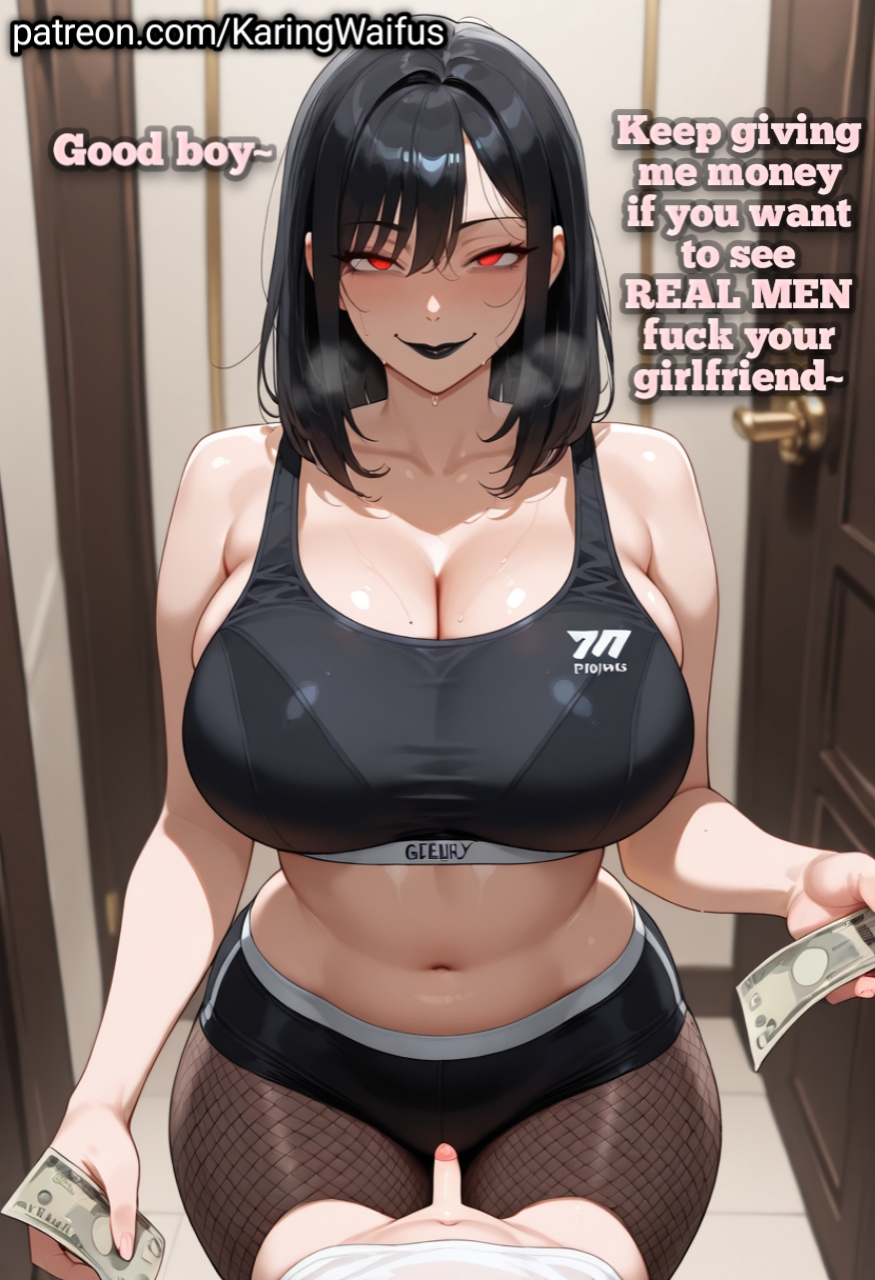 ai generated, black hair, black lipstick, cuckold, goth, goth girl, holding money, karingwaifus, money, netorare, small penis, small penis humiliation
