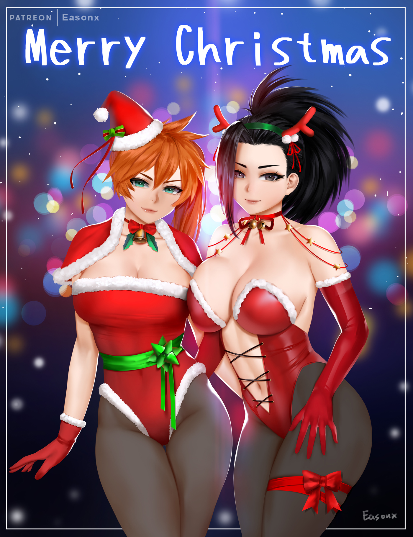 2girls, black hair, black-haired female, breasts, christmas, cleavage, easonx, female, female only, itsuka kendou, kendou itsuka, large breasts, looking at viewer, momo yaoyorozu, multiple females, multiple girls, my hero academia, orange hair, orange-haired female, santa hat, side ponytail, yaoyorozu momo