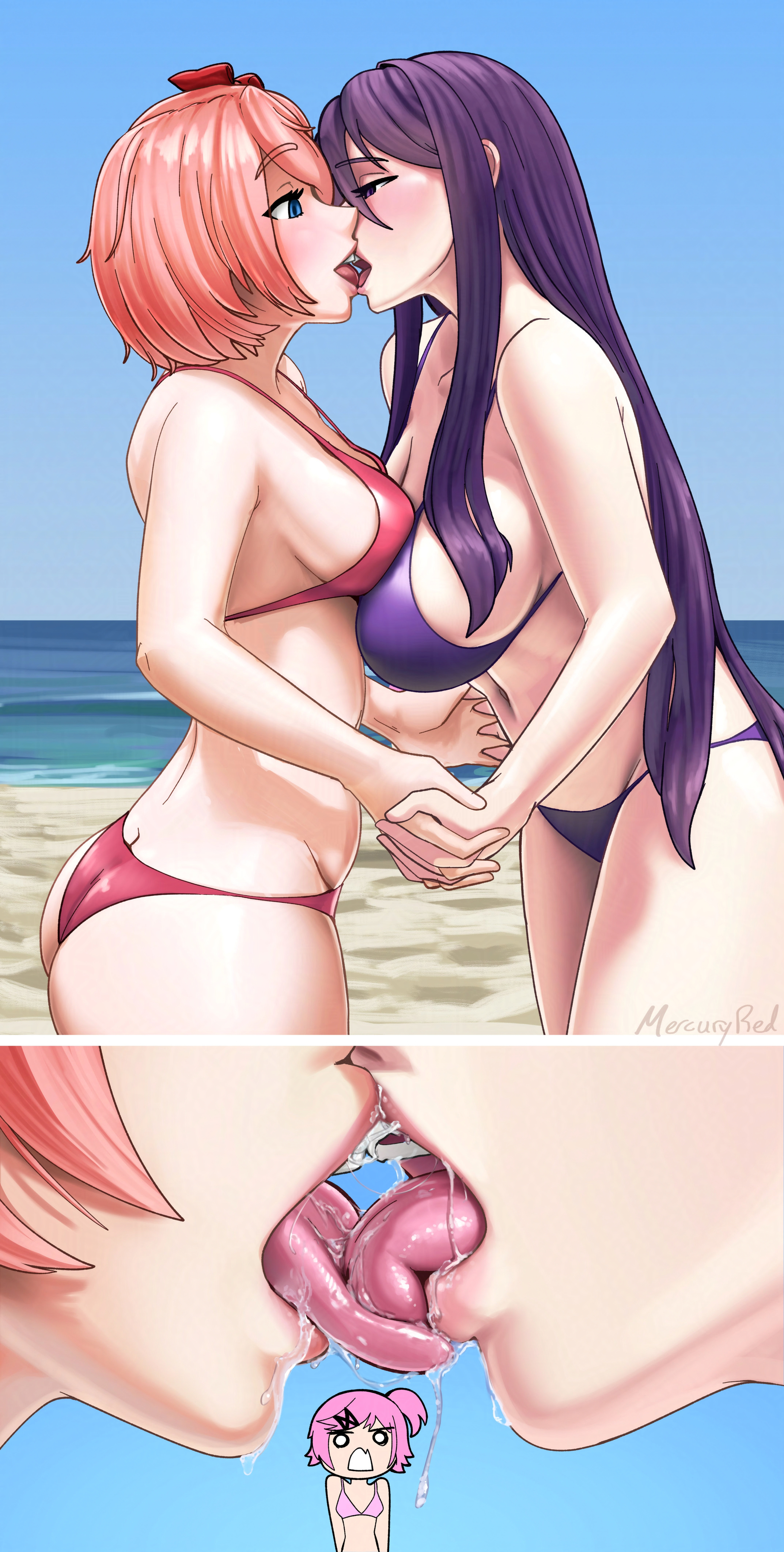 2girls, ass, ass cleavage, asymmetrical docking, background character, beach, being watched, bikini, breast press, breasts, close-up, clothing, comic, ddlc, deep kissing, doki doki literature club, female, female only, french kiss, hair between eyes, holding hands, horny, interlocked fingers, kissing, large breasts, licking, licking tongue, light-skinned female, long hair, making out, medium breasts, mercuryred, mouth fetish, mouth focus, natsuki (doki doki literature club), navel, orange hair, outdoors, outside, pink hair, purple bikini, purple hair, red bikini, red bow, saliva, saliva drip, saliva on tongue, saliva string, saliva trail, sayori (doki doki literature club), self upload, shocked, shocked expression, spit, tongue, tongue kiss, tongue out, yuri, yuri (doki doki literature club), yuri with female audience