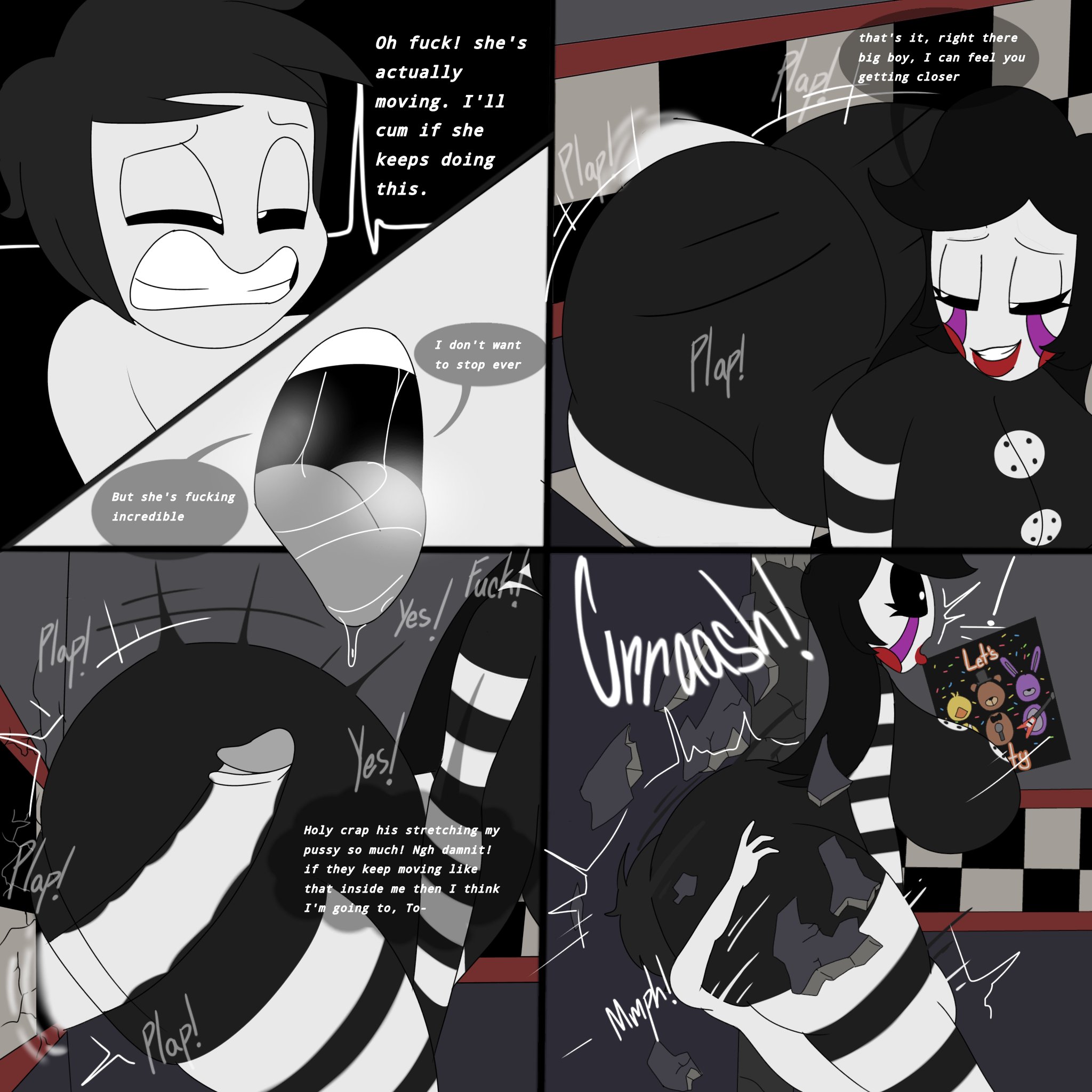 1boy, 1girls, ass on face, big ass, big breasts, big butt, big thighs, black sclera, broken wall, comic, comic page, commission, dialog, dialogue, english, english text, facesitting, five nights at freddy's, ghost, ghost sex, japansadface, lipstick, marionette (fnaf), older female, onomatopoeia, page 3, puppet (fnaf), rosy cheeks, straight, tagme, taller female, tounge out, vaginal penetration, white pupils, x-ray, young, younger male