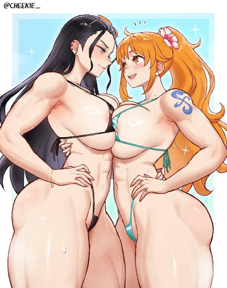 2girls, arm tattoo, black hair, black-haired female, blue tattoo, breasts, breasts squeezed together, cheekie0, female, female only, hand on hip, muscular, muscular female, nami (one piece), nico robin, one piece, orange hair, orange-haired female, swimsuit, tagme, tattoo, toned, toned body, voluptuous, voluptuous female