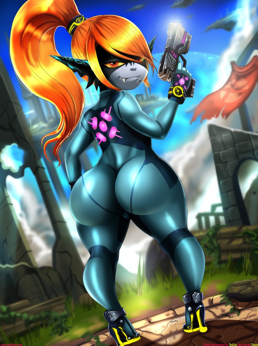 1girls, alternate costume, ass, big ass, blonde hair, bodysuit, cosplay, fangs, female, gun, holding gun, imp midna, impossible clothes, long hair, looking at viewer, looking back, metroid, midna, nintendo, no helmet imp midna, pony, samus aran (cosplay), shadman, smile, solo, the legend of zelda, thunderthighs, twilight princess, weapon