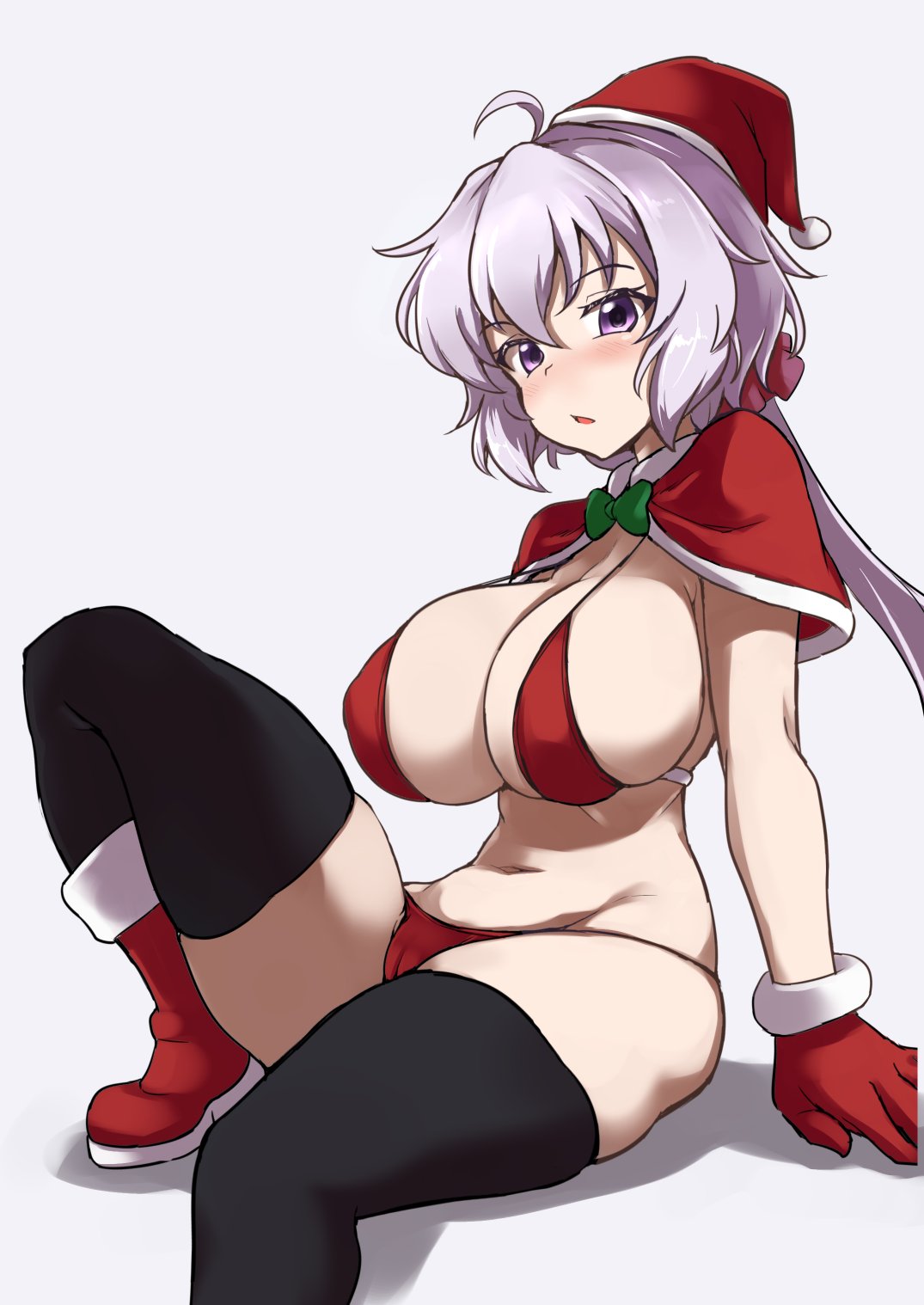 christmas_hat christmas_outfit cleavage huge_breasts looking_at_viewer micro_bikini open_mouth purple_eyes purple_hair senki_zesshou_symphogear shanaharuhi short_hair sitting yukine_chris