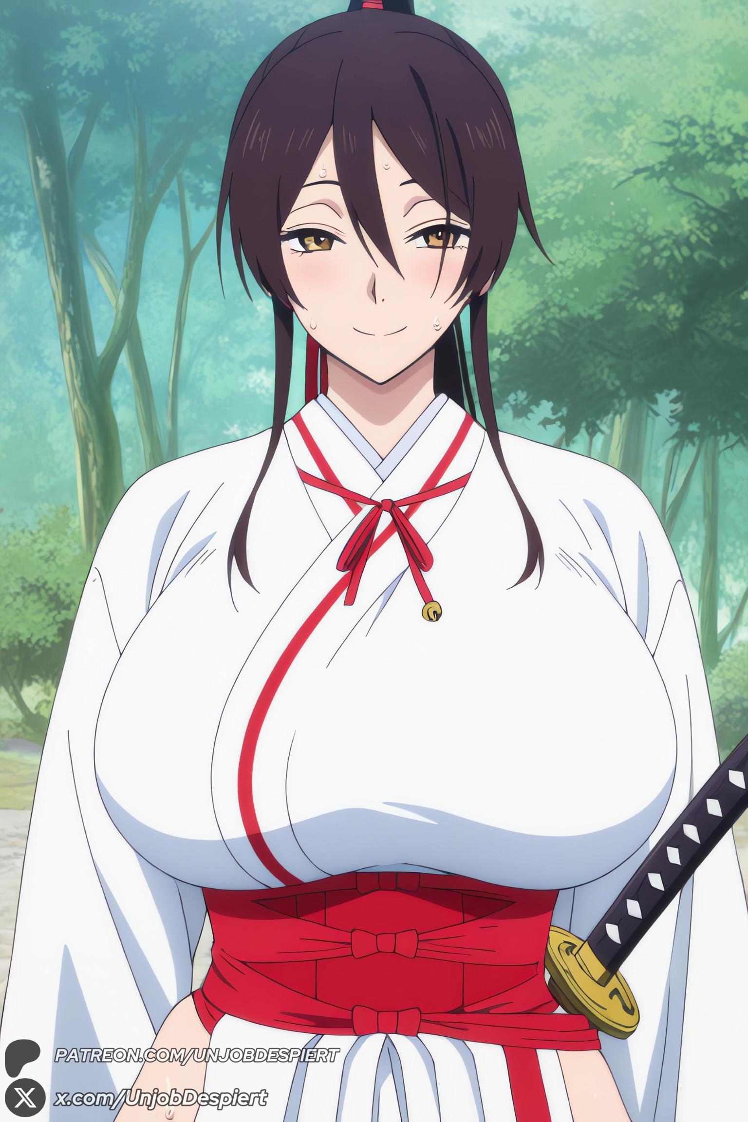 1female, 1girls, 2026, ai generated, artist name, bangs, big ass, big breasts, black hair, blush, breasts, closed mouth, curvy, female, female only, hair between eyes, hakama, hi res, high ponytail, high quality, high resolution, highres, hip vent, huge ass, huge breasts, japanese clothes, jigokuraku, katana, large breasts, long hair, looking at viewer, miko, outdoors, patreon, patreon username, ponytail, smile, solo, sword, tree, unjobdespiert, watermark, weapon, yamada asaemon sagiri, yellow eyes