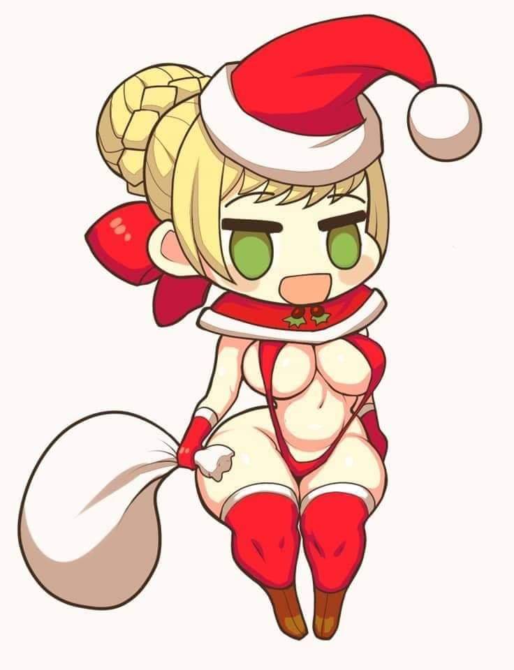 1girls big_breasts blonde_hair breasts chibi christmas christmas_hat clothing darknud erotic_chibi fate_(series) female gloves green_eyes hair_ribbon kneesocks large_breasts meme navel nero_claudius_(fate) padoru padoru_(meme) red_swimsuit sack shortstack skimpy sling_bikini solo stomach thick_ass thick_thighs