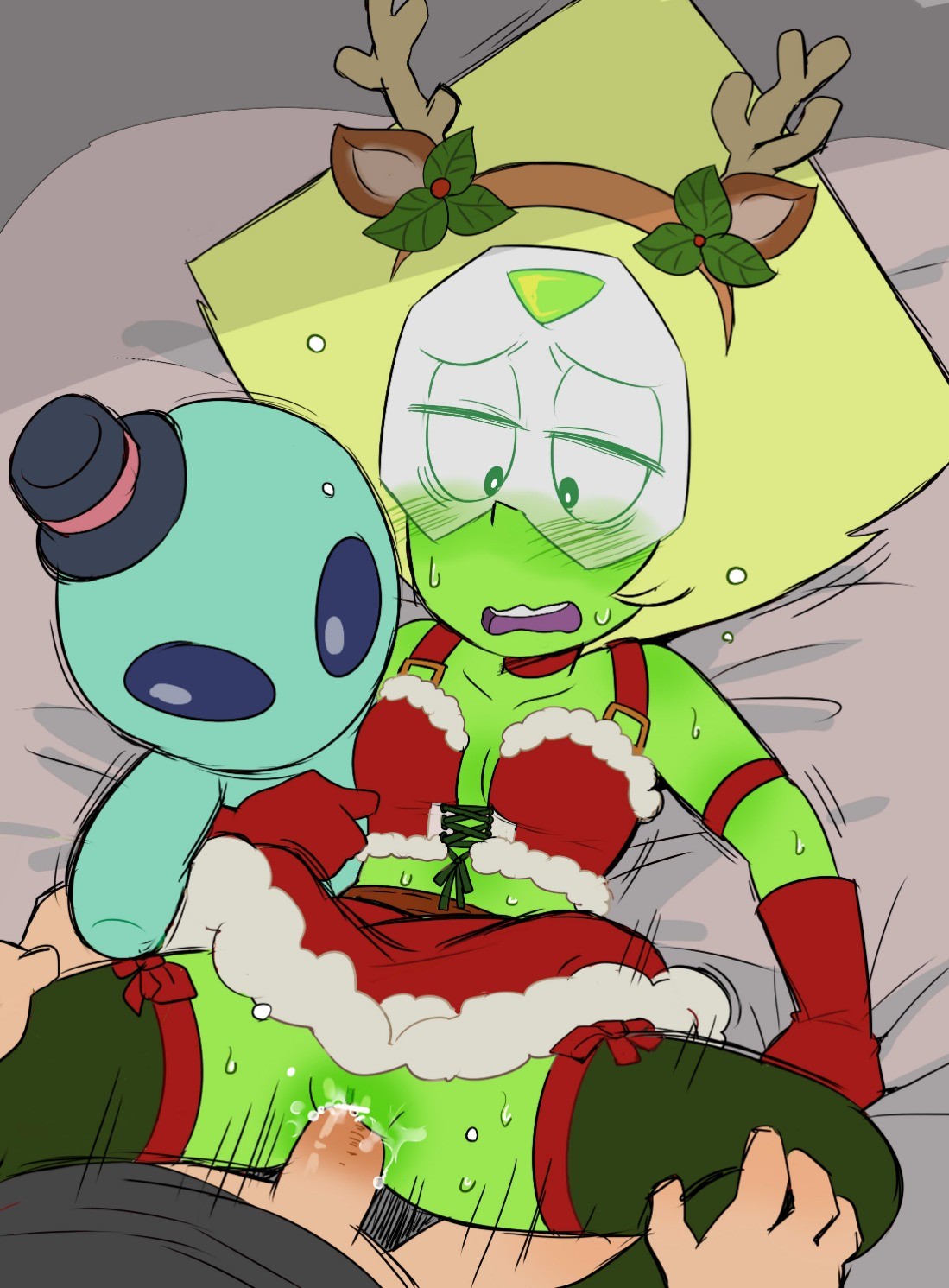 alien, blush, censored, christmas, clothed, clothed sex, clothing, cum, cum in pussy, dress, female, female penetrated, gnome-no, green skin, male, male penetrating, male penetrating female, male/female, missionary, peridot (steven universe), pussy, shaved pussy, steven universe, tagme, unseen male face, vaginal penetration