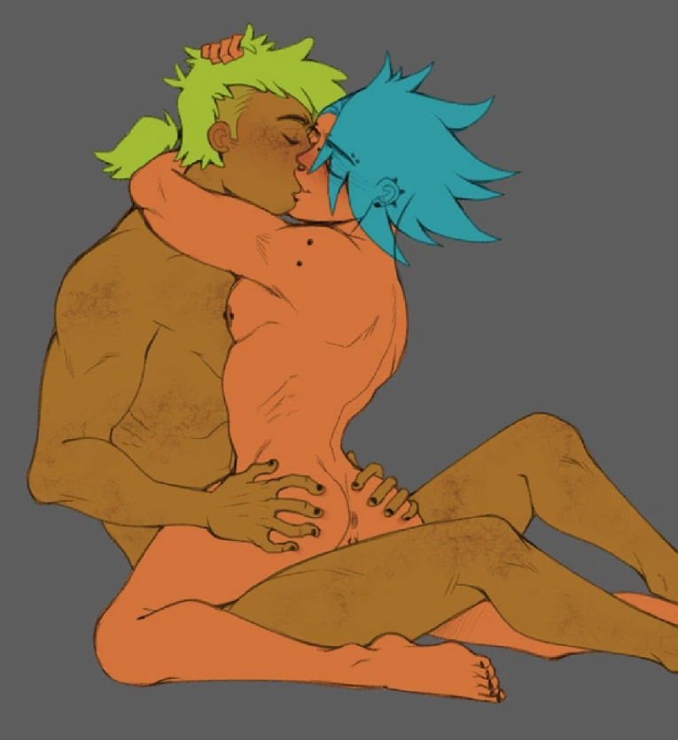 2boys anus ass blue_hair closed_eyes cookie_run dino-sour_cookie eyebrow_piercing gay green_hair gross_piggy guiche_piercing kissing kiwi_cookie male male_on_male male_only nude_male perineum pierced_nipples piercing ponytail punk romantic taint yaoi