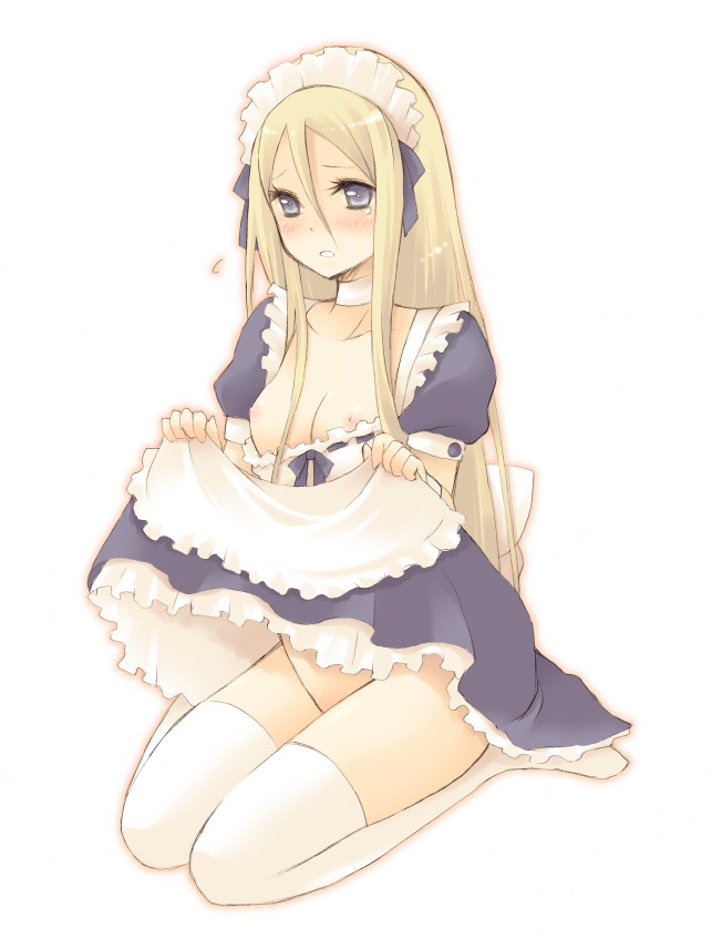 blonde_hair blush bonnet bottomless bow breasts choker claymore clothing female frills kneeling long_hair maid medium_breasts pocopoco silver_eyes skirt skirt_lift small_breasts solo stockings tears thighhighs yuma_(claymore)