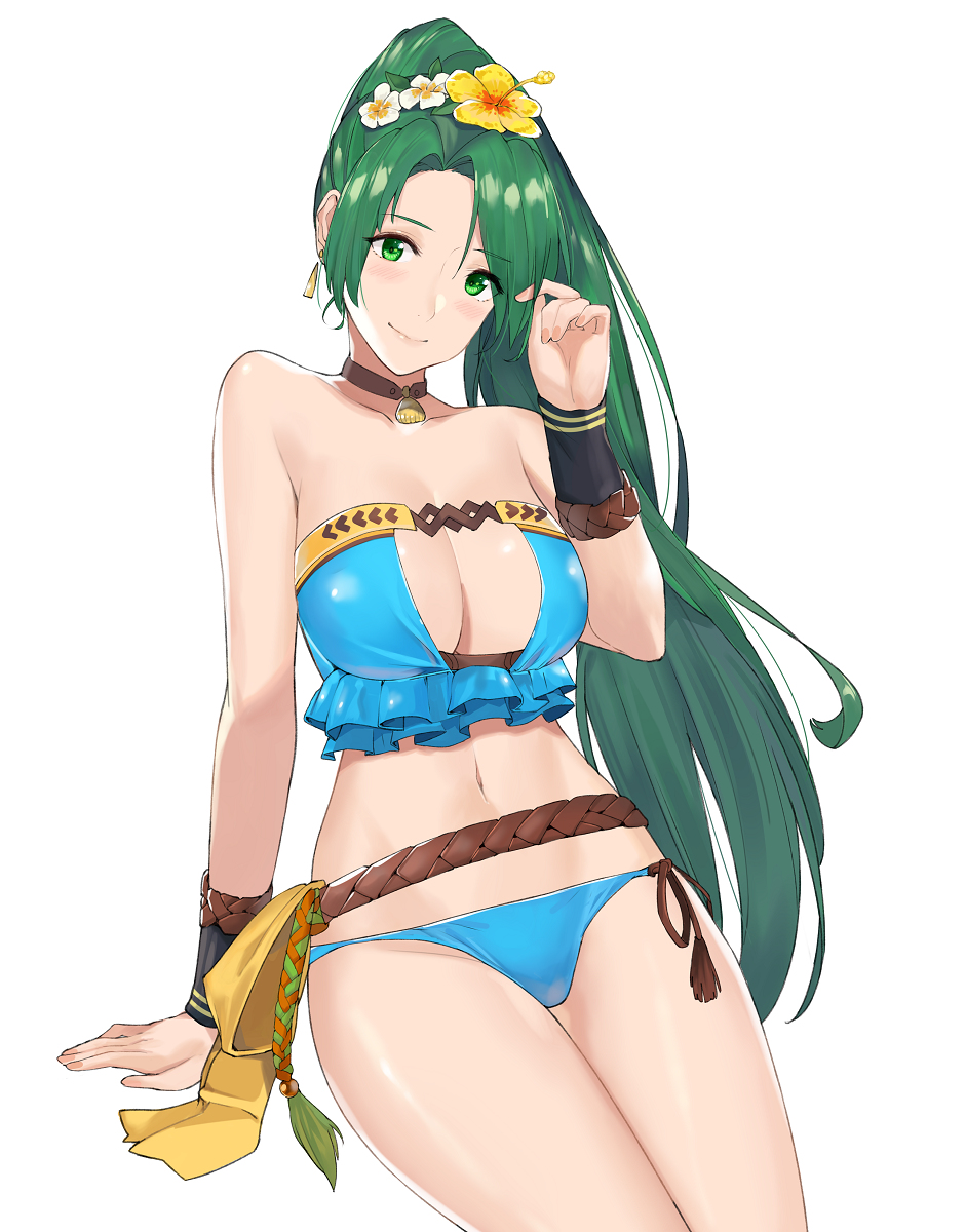1girls, absurdres, armbands, bare shoulders, bikini, blue bikini, blush, breasts, brown choker, center opening, choker, earrings, female, fire emblem, fire emblem heroes, fire emblem: the blazing blade, flower, green eyes, green hair, hair flower, hair ornament, highres, invisible chair, j@ck, jewelry, large breasts, long hair, looking at viewer, lyn (fire emblem), navel, official alternate costume, ponytail, rope, sash, shimenawa, simple background, sitting, smile, solo, strapless, strapless bikini, swimsuit, very long hair, white background