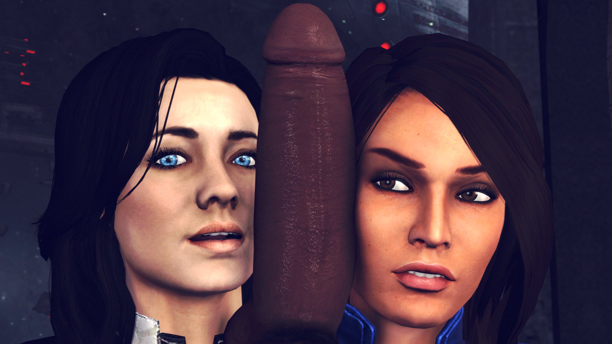 1boy, 2girls, 3d, ashley williams, big penis, dark skin, dark-skinned male, female, human, human only, interracial, james vega, large penis, male, mass effect, miranda lawson, penis, ponkosfm, source filmmaker, threesome