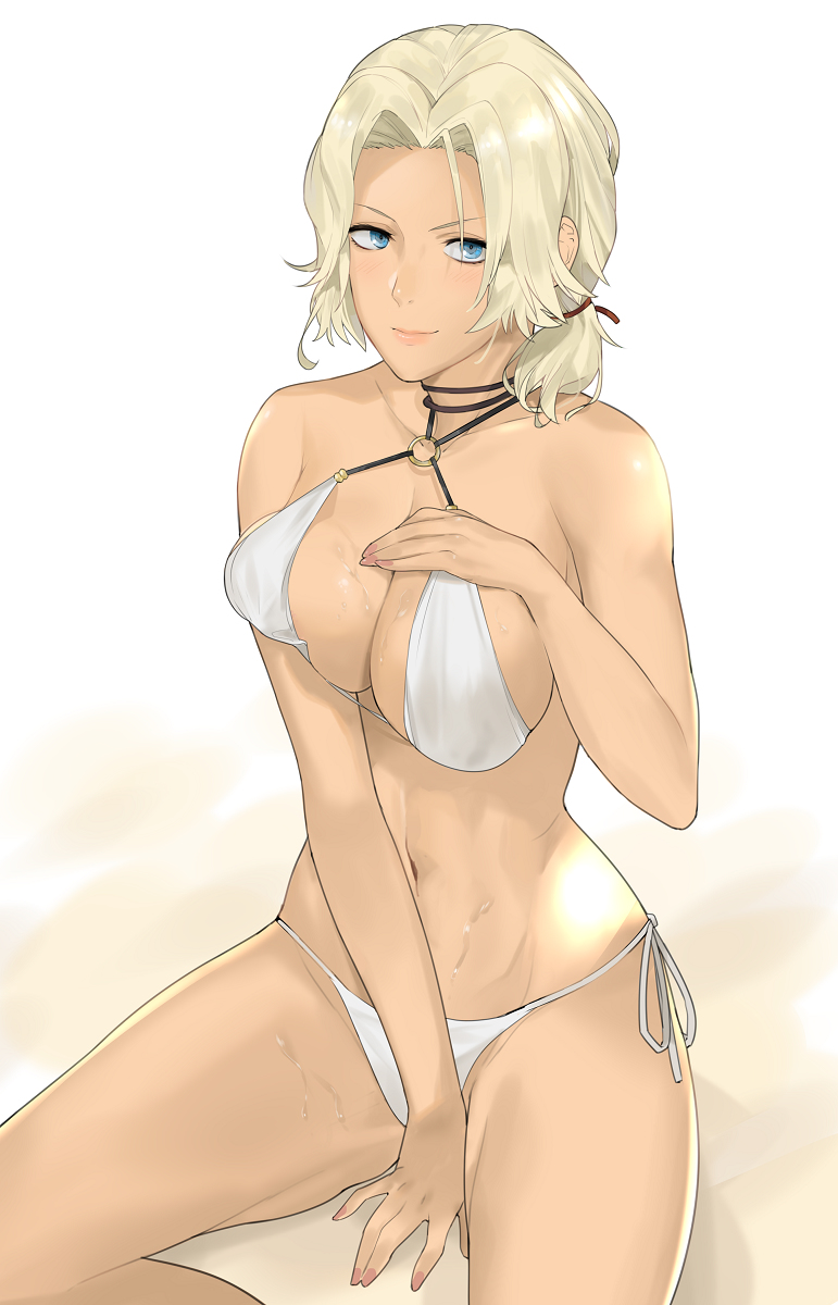 1girls, beach, bikini, blonde hair, blue eyes, breasts, catherine (fire emblem), dark skin, dark-skinned female, female, female only, fire emblem, fire emblem: three houses, hair ribbon, highres, j@ck, long hair, looking at viewer, medium breasts, navel, nintendo, ribbon, simple background, smile, solo, solo female, sweat, swimsuit, tan skin, white background