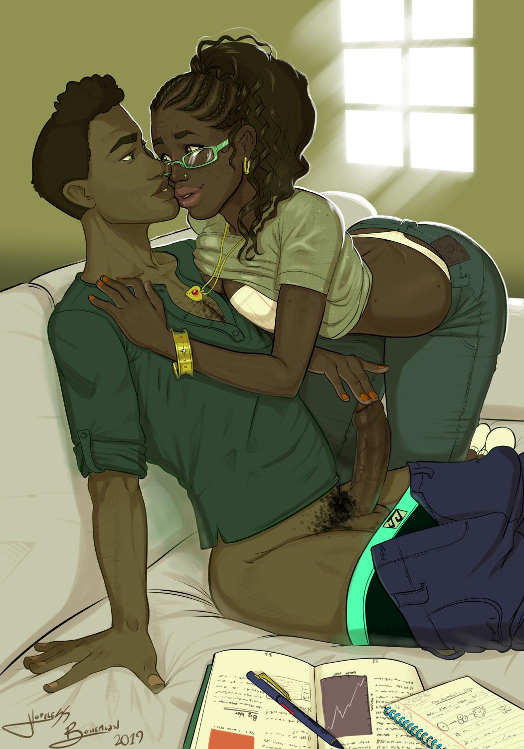 black_female boner dark-skinned_female dark-skinned_male dark_skin erection face_to_face hopelessbohemian imminent_sex in_love jeans love original_characters straight touching_penis tutor