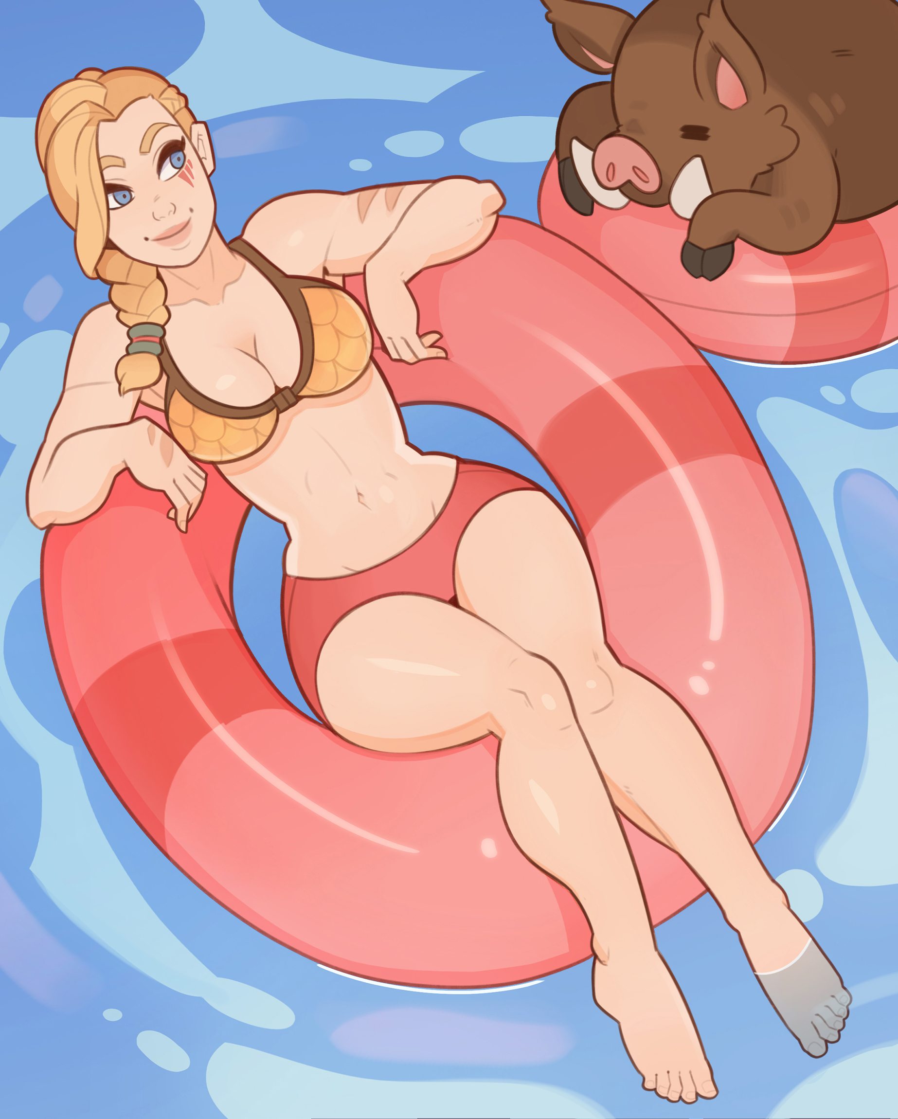 1girls, alternate costume, bikini, blonde hair, blue eyes, boar, braid, braided hair, braided ponytail, facial mark, feet, female, inflatable, knees, navel line, paladins, ponytail, pool, red shorts, shorts, smiling, splashbrush, thigh gap, tyra (paladins), wasp waist, water, wide hips